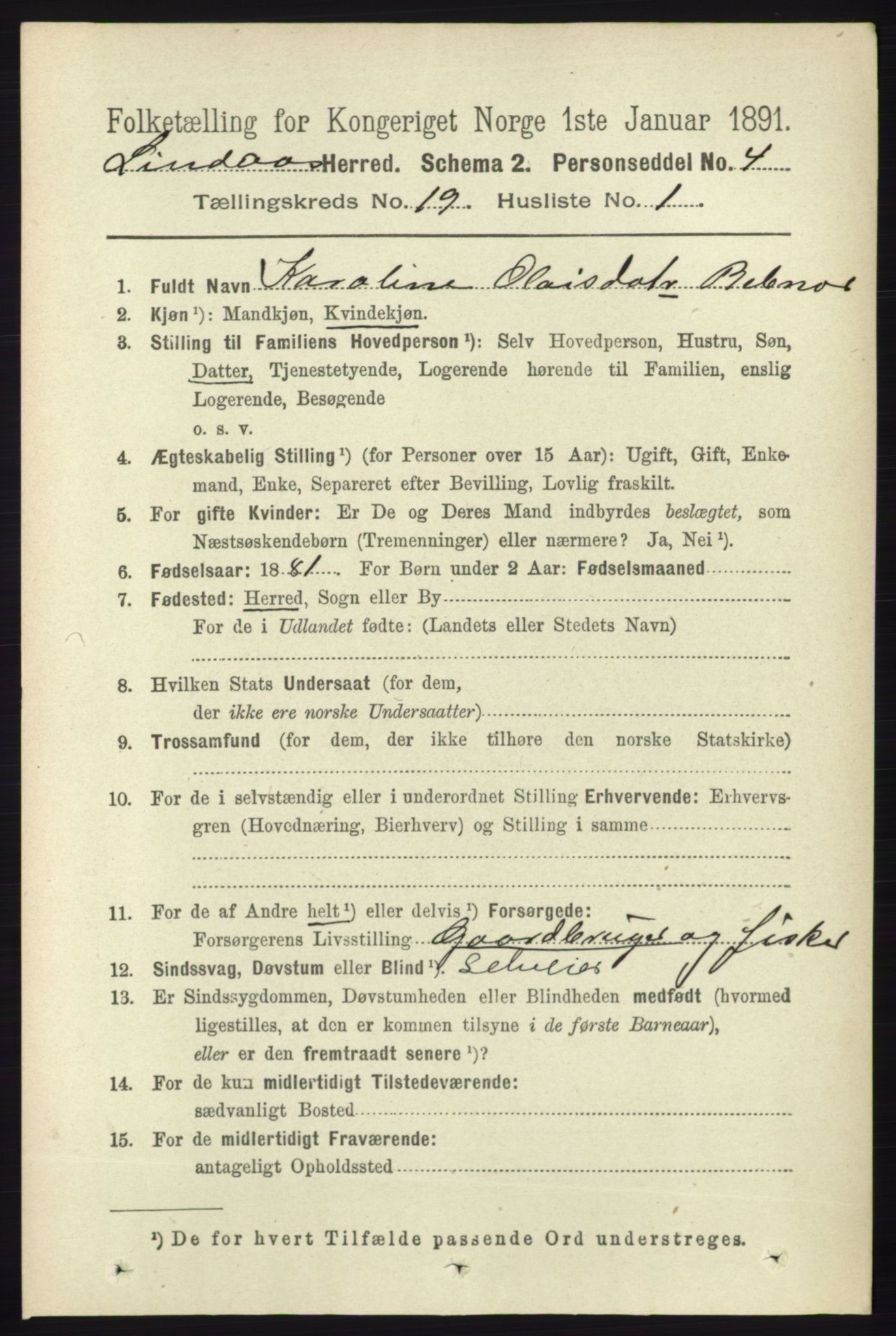 RA, 1891 census for 1263 Lindås, 1891, p. 6934