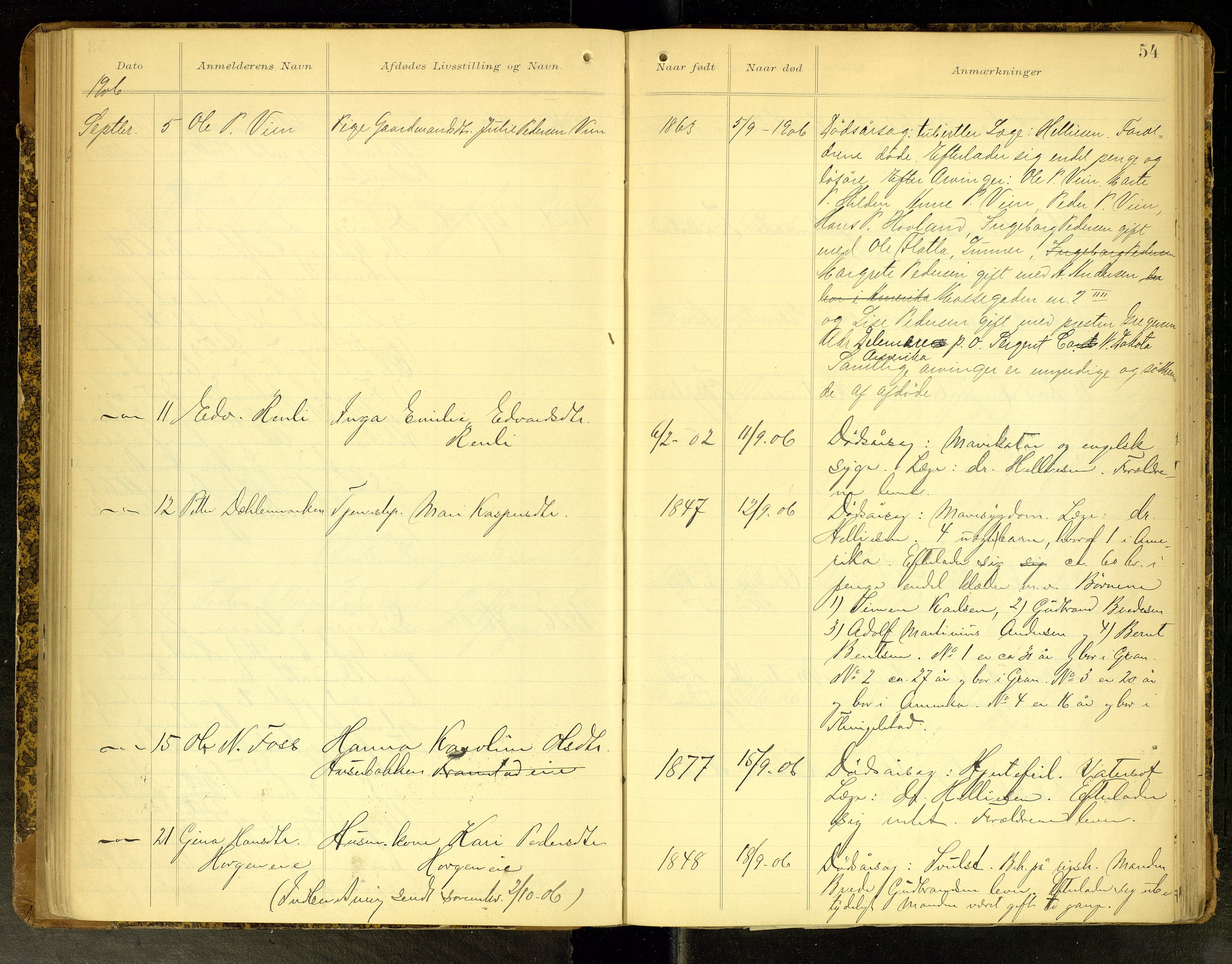 Gran lensmannskontor, SAH/LOG-010/H/Ha/L0002: Dødsfallsprotokoll, 1899-1917, p. 54