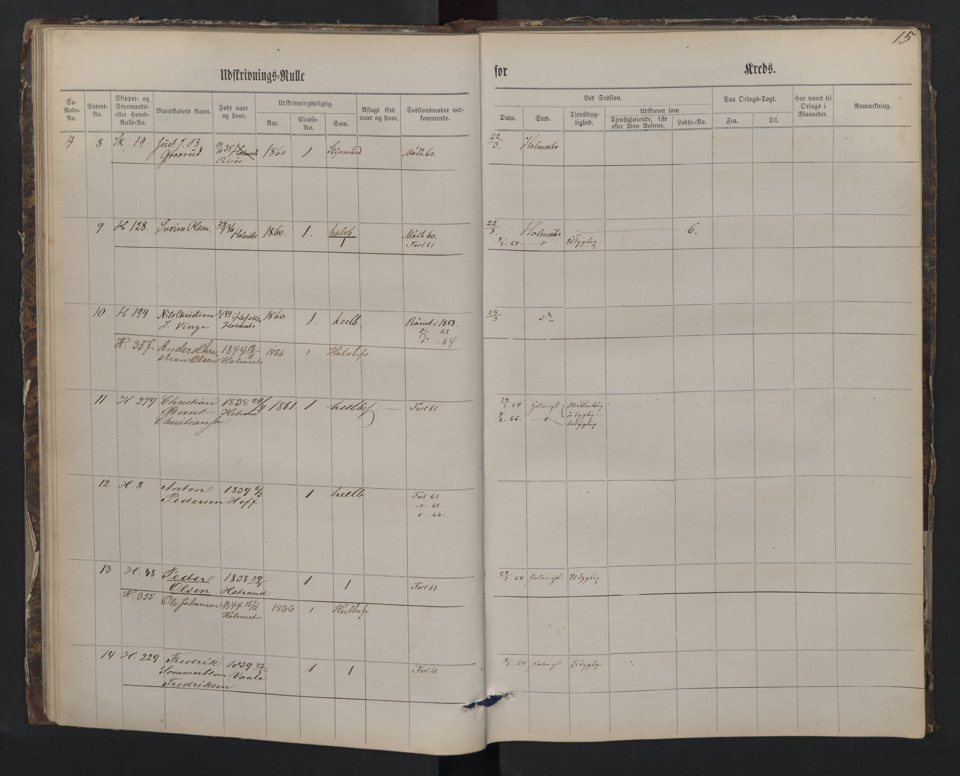 Holmestrand innrulleringskontor, AV/SAKO-A-1151/G/Gb/L0001: Utskrivningsrulle, 1860, p. 15