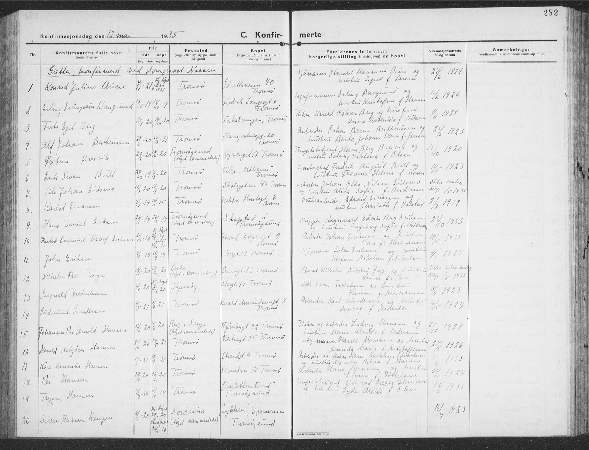 Tromsø sokneprestkontor/stiftsprosti/domprosti, SATØ/S-1343/G/Gb/L0010klokker: Parish register (copy) no. 10, 1925-1937, p. 282