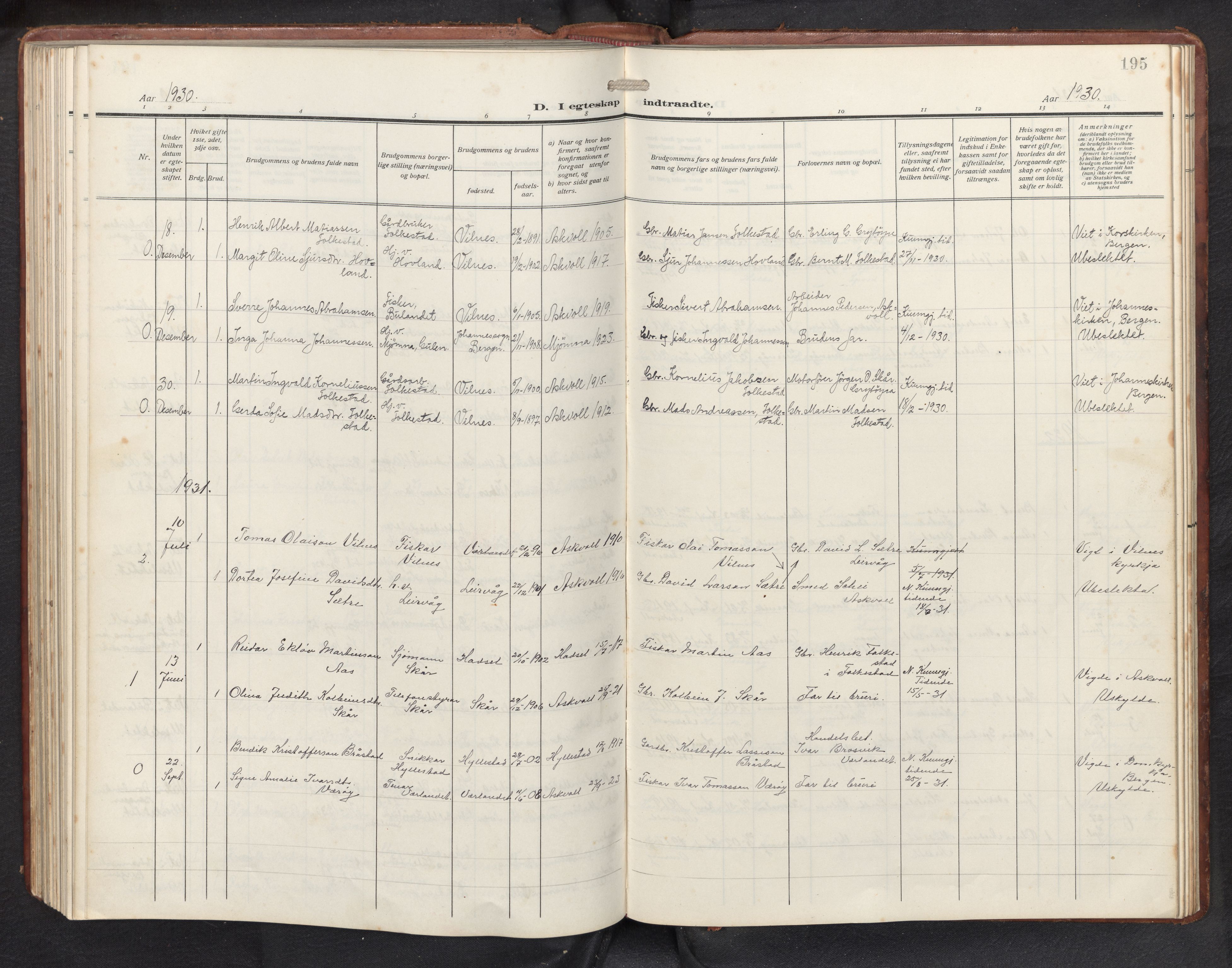 Askvoll sokneprestembete, SAB/A-79501/H/Hab/Habb/L0002: Parish register (copy) no. B 2, 1910-1947, p. 194b-195a