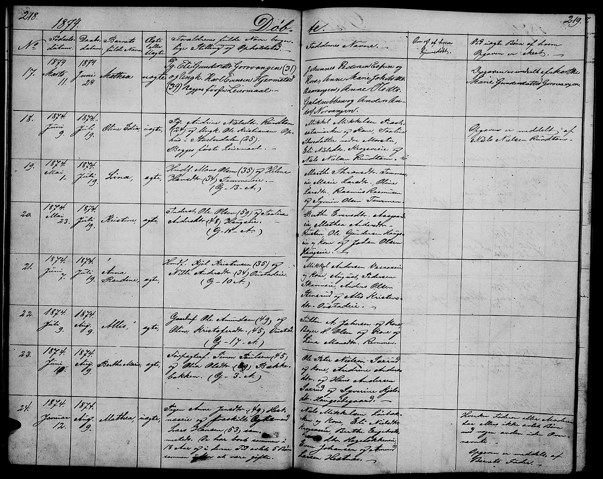 Stange prestekontor, AV/SAH-PREST-002/L/L0005: Parish register (copy) no. 5, 1861-1881, p. 218-219