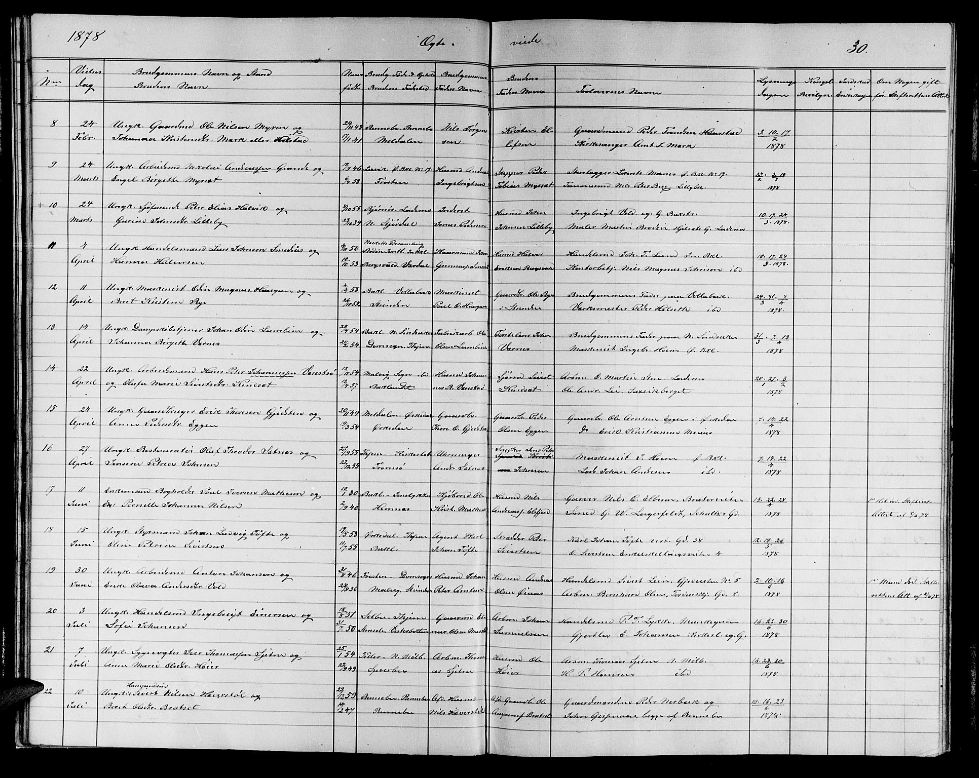 Ministerialprotokoller, klokkerbøker og fødselsregistre - Sør-Trøndelag, SAT/A-1456/604/L0221: Parish register (copy) no. 604C04, 1870-1885, p. 30
