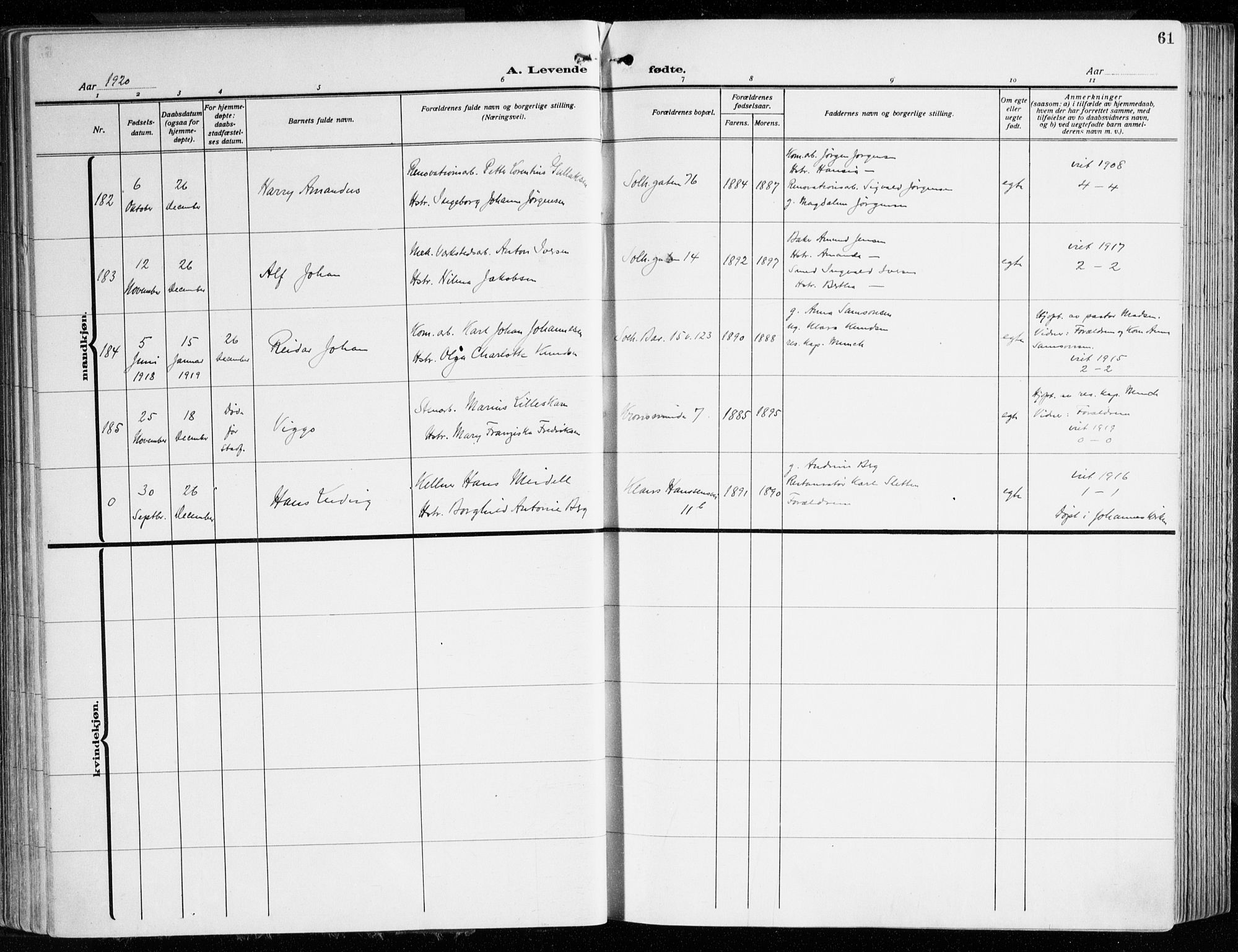 Årstad Sokneprestembete, AV/SAB-A-79301/H/Haa/L0004: Parish register (official) no. A 4, 1919-1928, p. 61