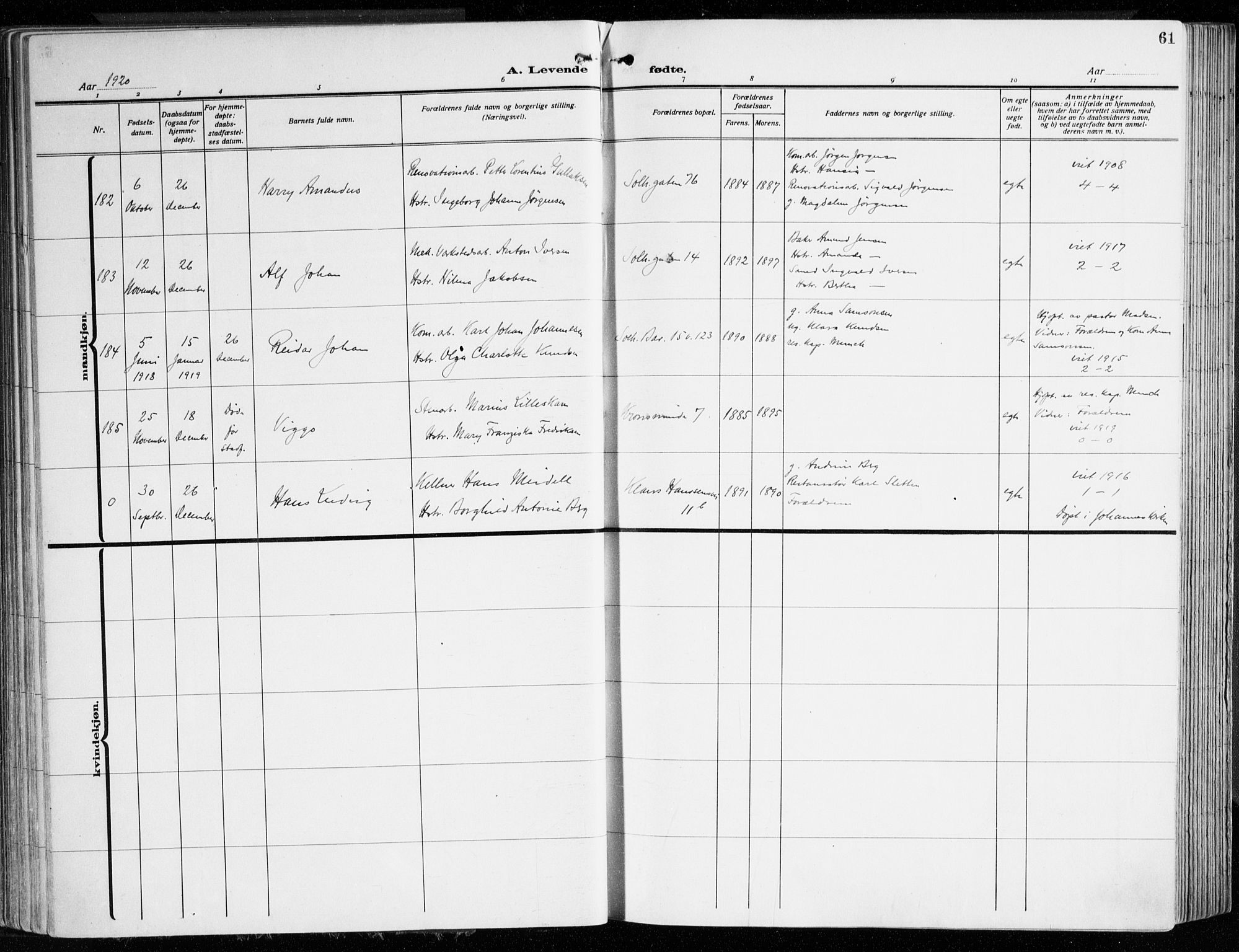 Årstad Sokneprestembete, AV/SAB-A-79301/H/Haa/L0004: Parish register (official) no. A 4, 1919-1928, p. 61