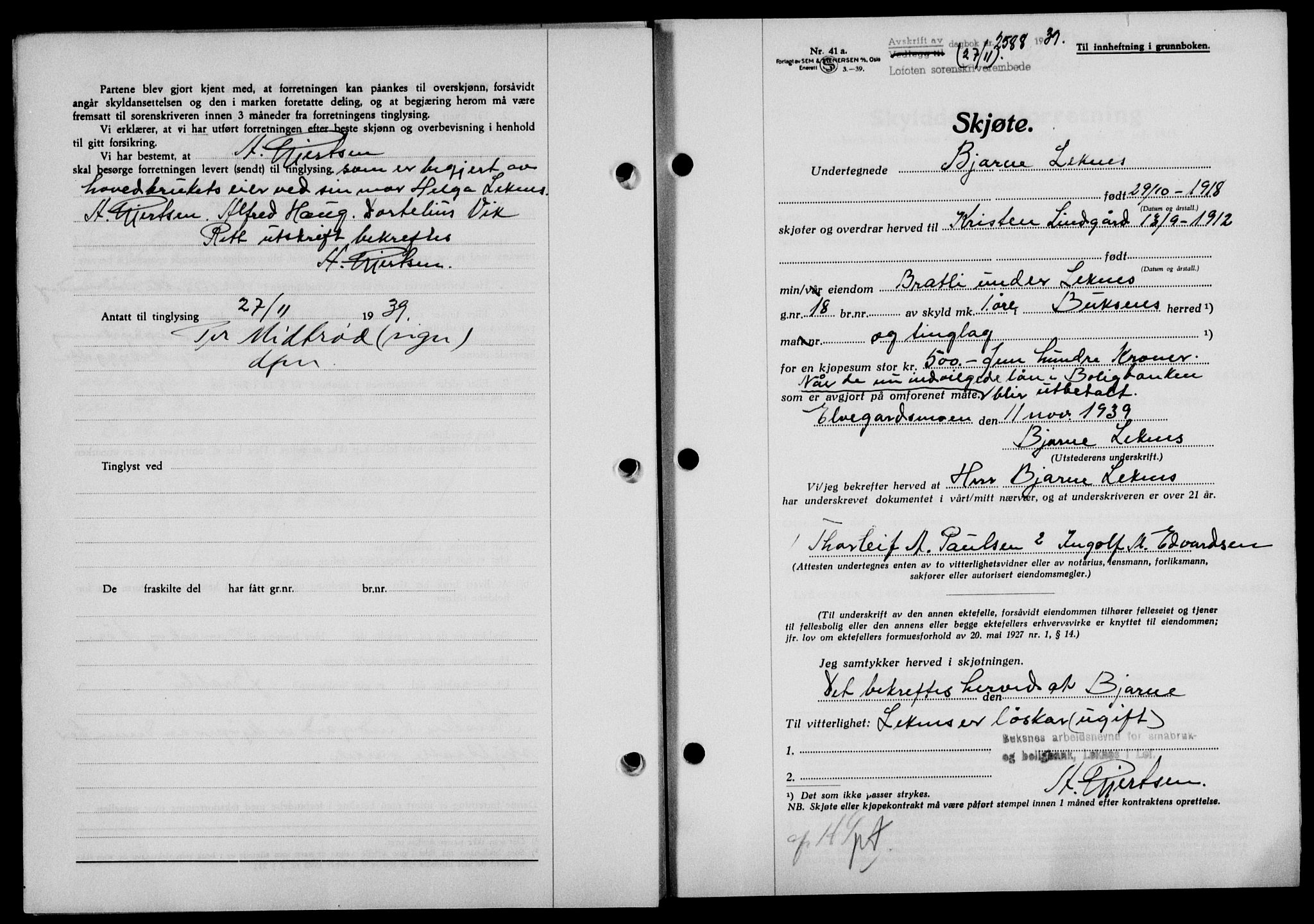 Lofoten sorenskriveri, SAT/A-0017/1/2/2C/L0006a: Mortgage book no. 6a, 1939-1939, Diary no: : 2588/1939