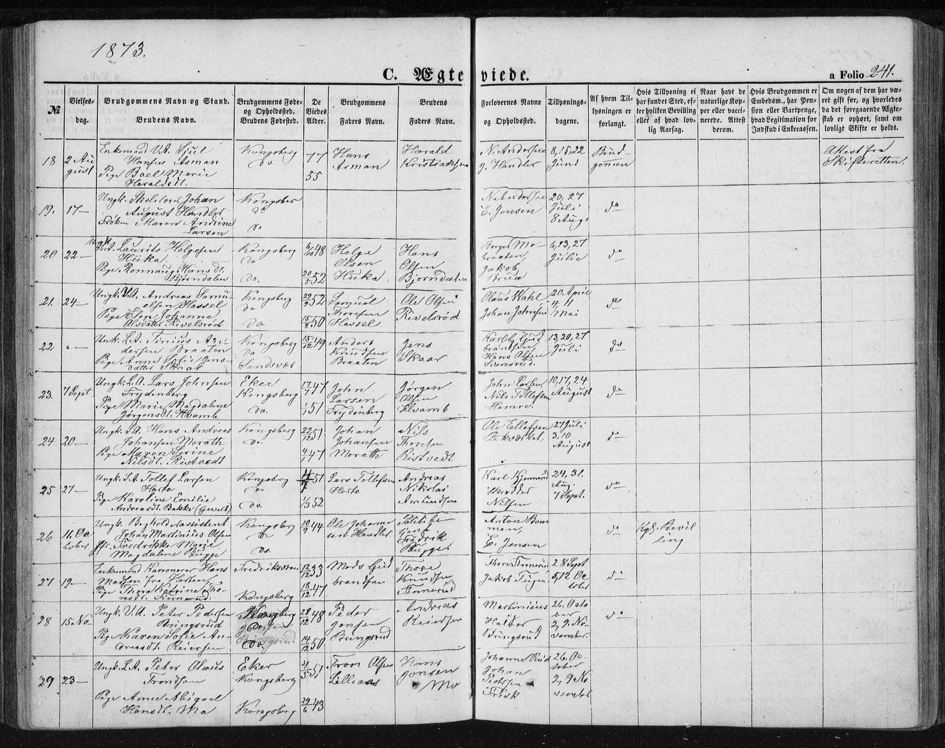 Kongsberg kirkebøker, AV/SAKO-A-22/F/Fa/L0010: Parish register (official) no. I 10, 1859-1875, p. 241