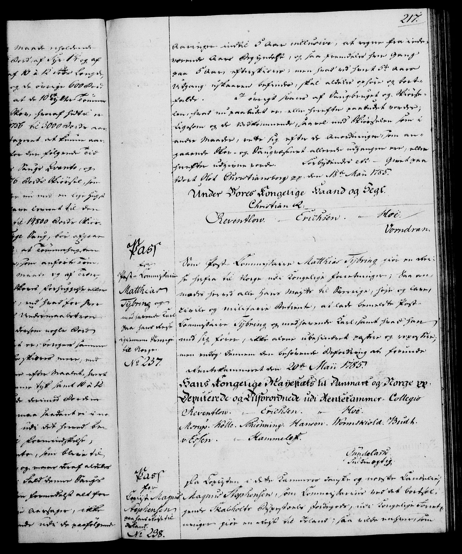 Rentekammeret, Kammerkanselliet, RA/EA-3111/G/Gg/Gga/L0013: Norsk ekspedisjonsprotokoll med register (merket RK 53.13), 1784-1787, p. 217