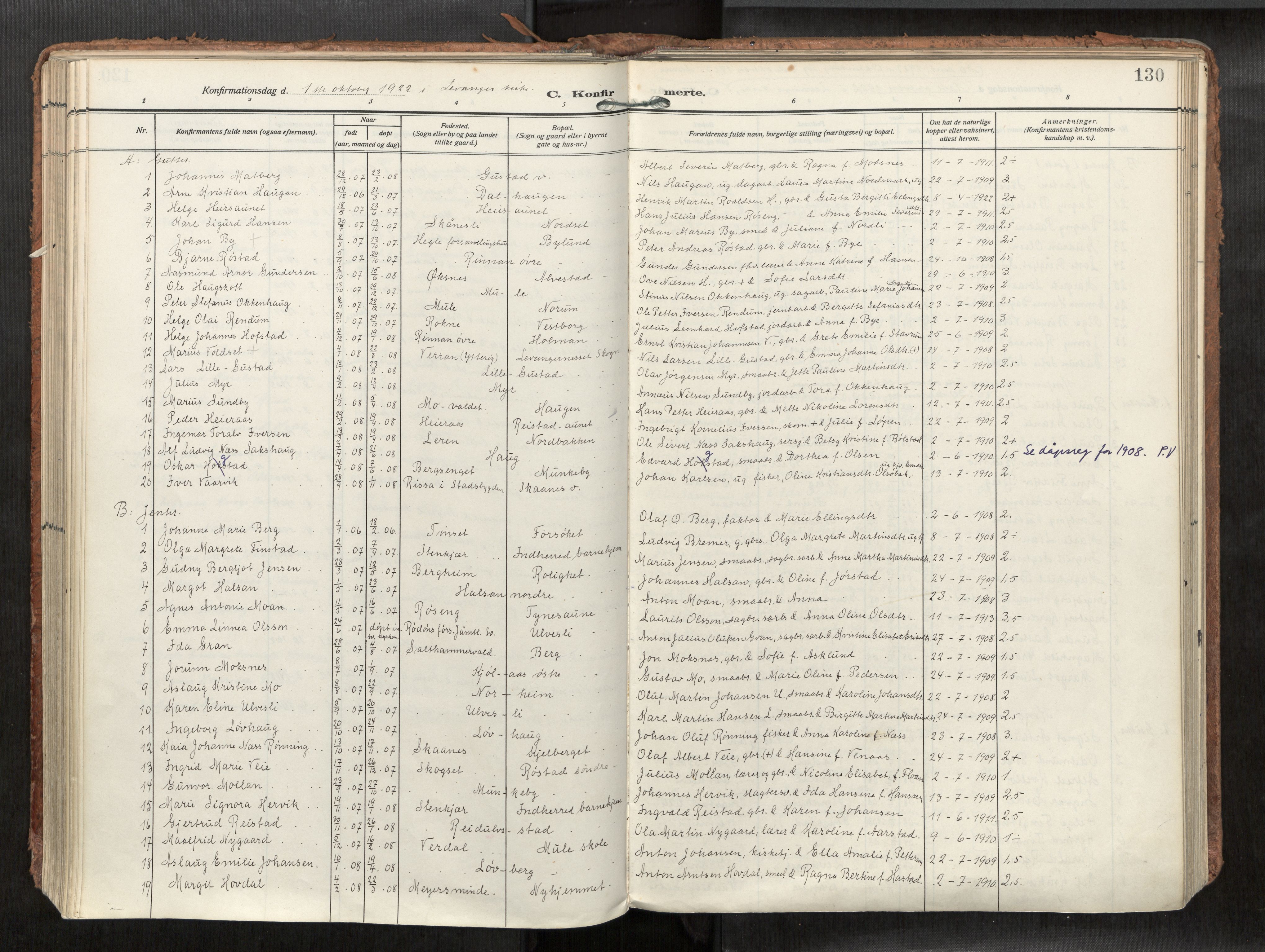Levanger sokneprestkontor, SAT/A-1301/2/H/Haa/L0002: Parish register (official) no. 2, 1912-1935, p. 130