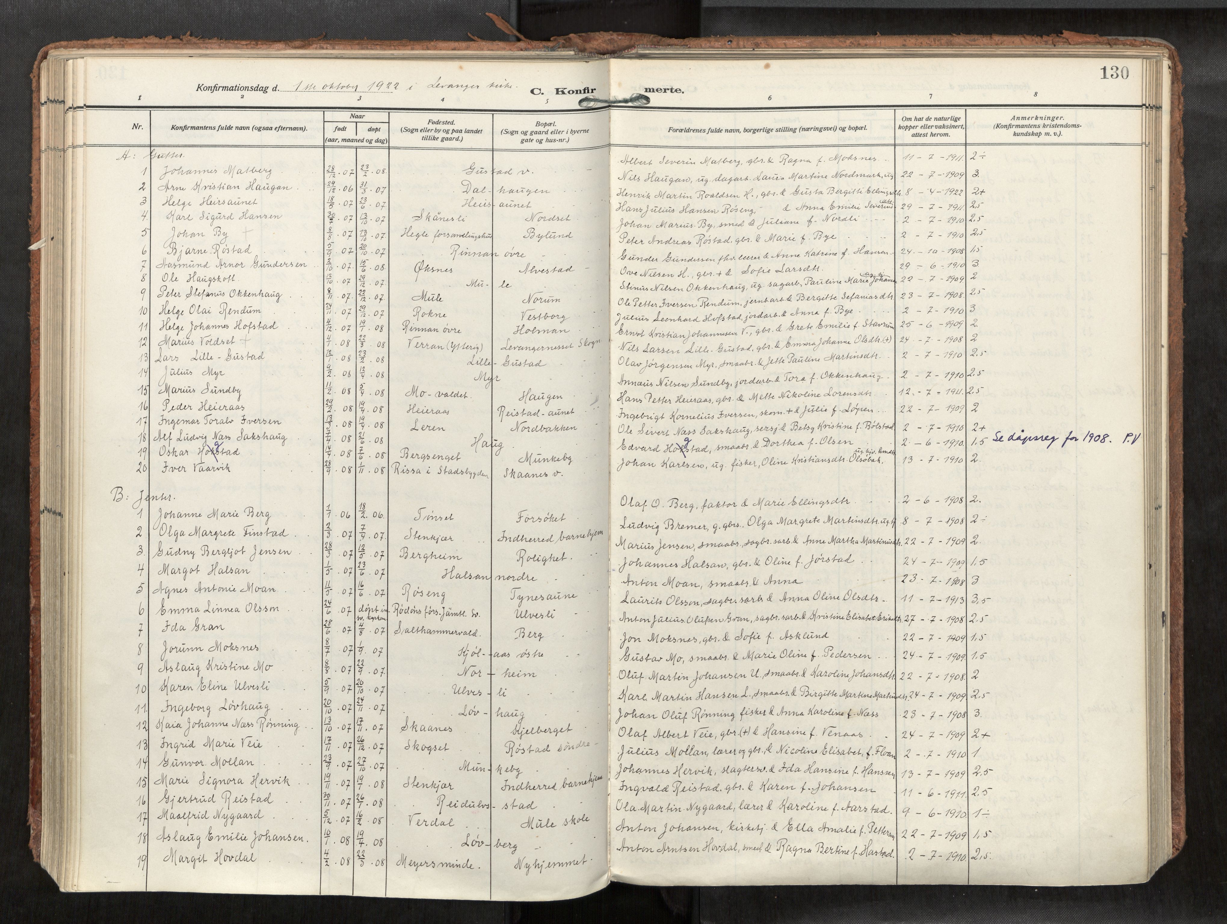 Levanger sokneprestkontor, AV/SAT-A-1301/2/H/Haa/L0002: Parish register (official) no. 2, 1912-1935, p. 130