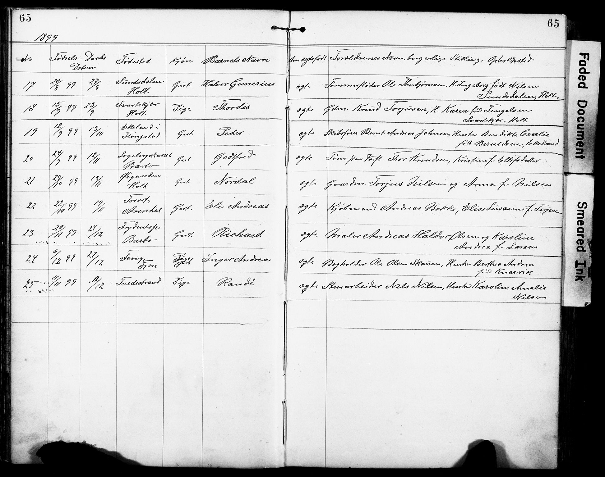 Den evangelisk-lutherske frimenighet, Arendal, AV/SAK-1292-0005/F/Fa/L0002: Dissenter register no. F 6, 1884-1908, p. 65