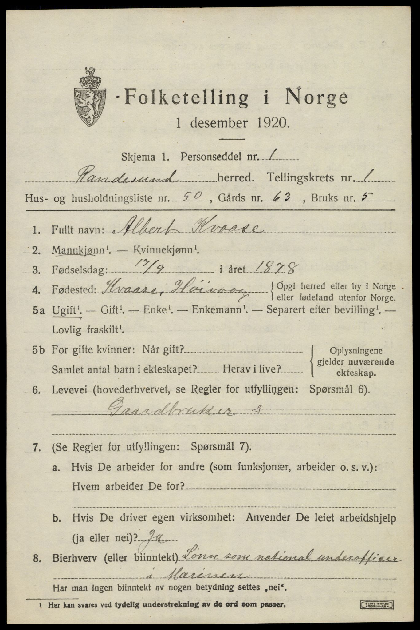 SAK, 1920 census for Randesund, 1920, p. 1076