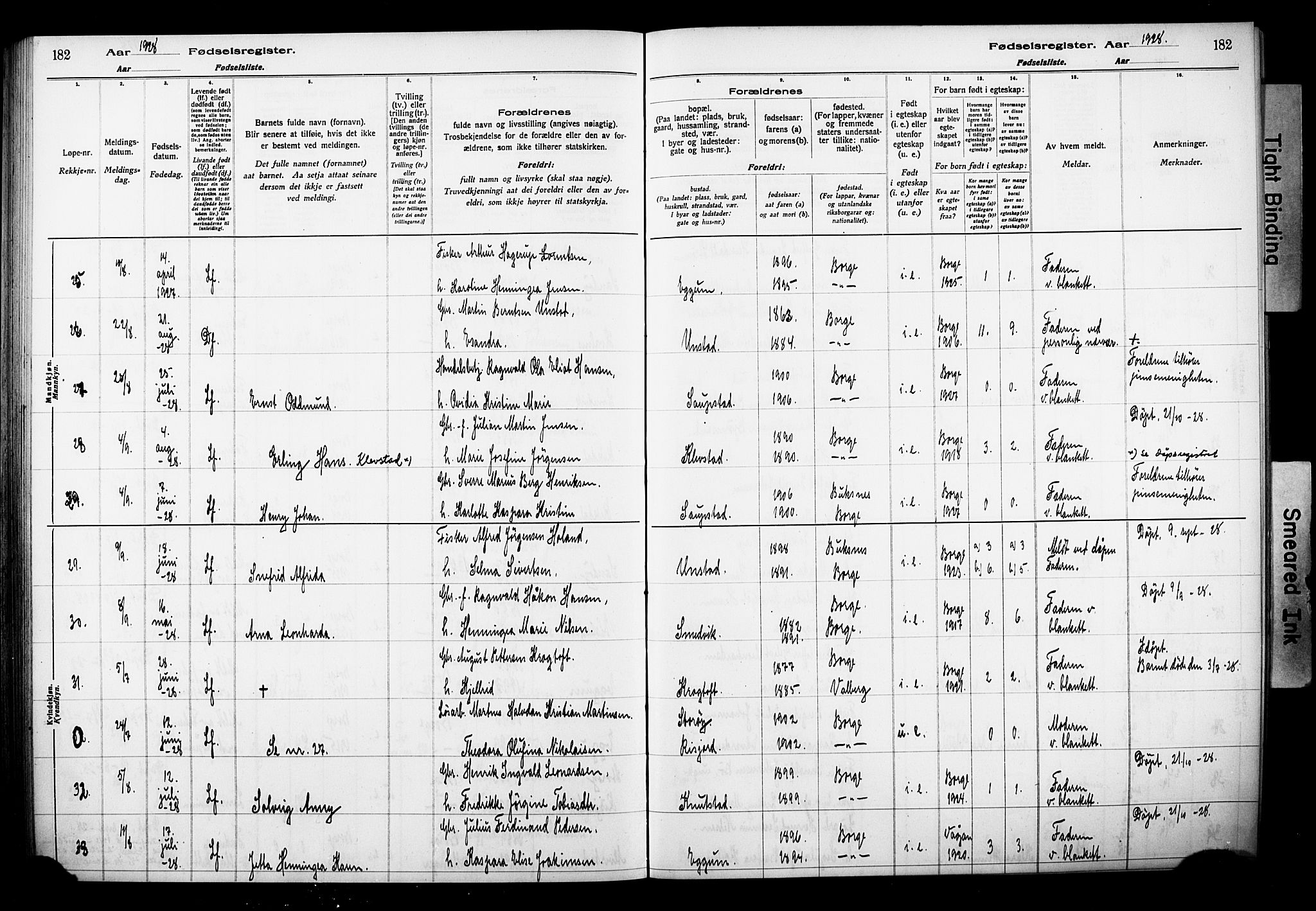 Ministerialprotokoller, klokkerbøker og fødselsregistre - Nordland, SAT/A-1459/880/L1145: Birth register no. 880.II.4.1, 1916-1929, p. 182