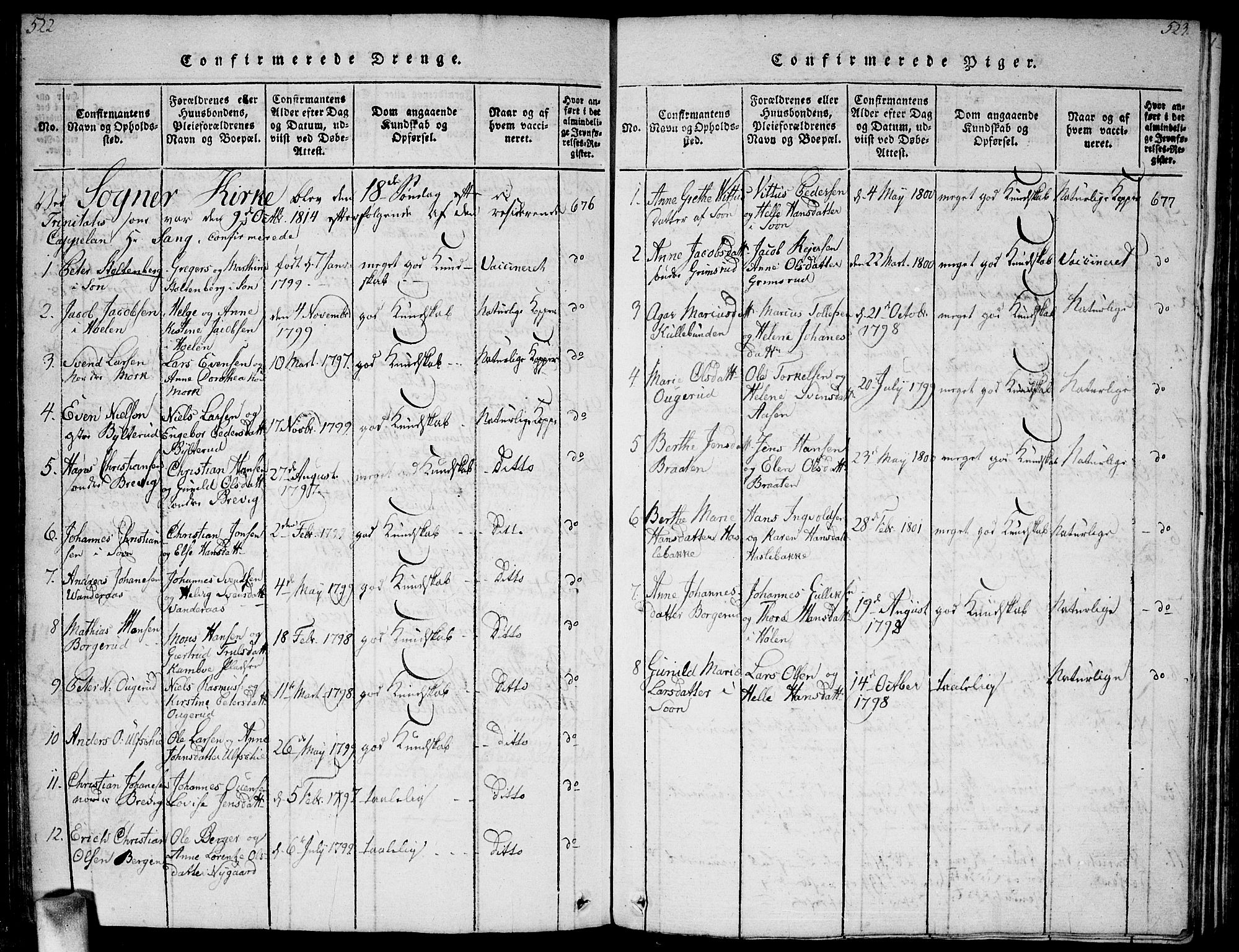 Vestby prestekontor Kirkebøker, SAO/A-10893/G/Ga/L0001: Parish register (copy) no. I 1, 1814-1827, p. 522-523