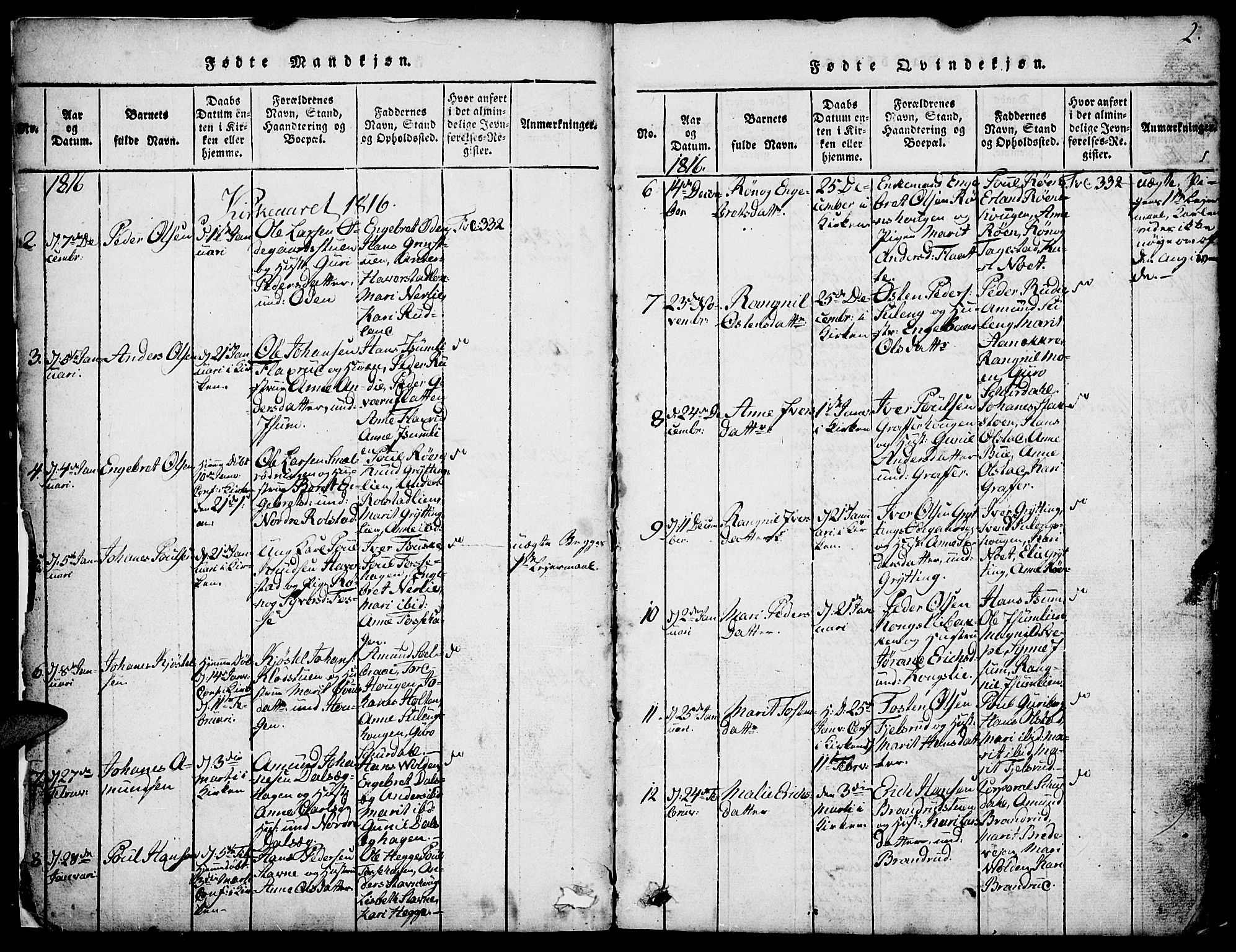 Fron prestekontor, AV/SAH-PREST-078/H/Ha/Hab/L0001: Parish register (copy) no. 1, 1816-1843, p. 2