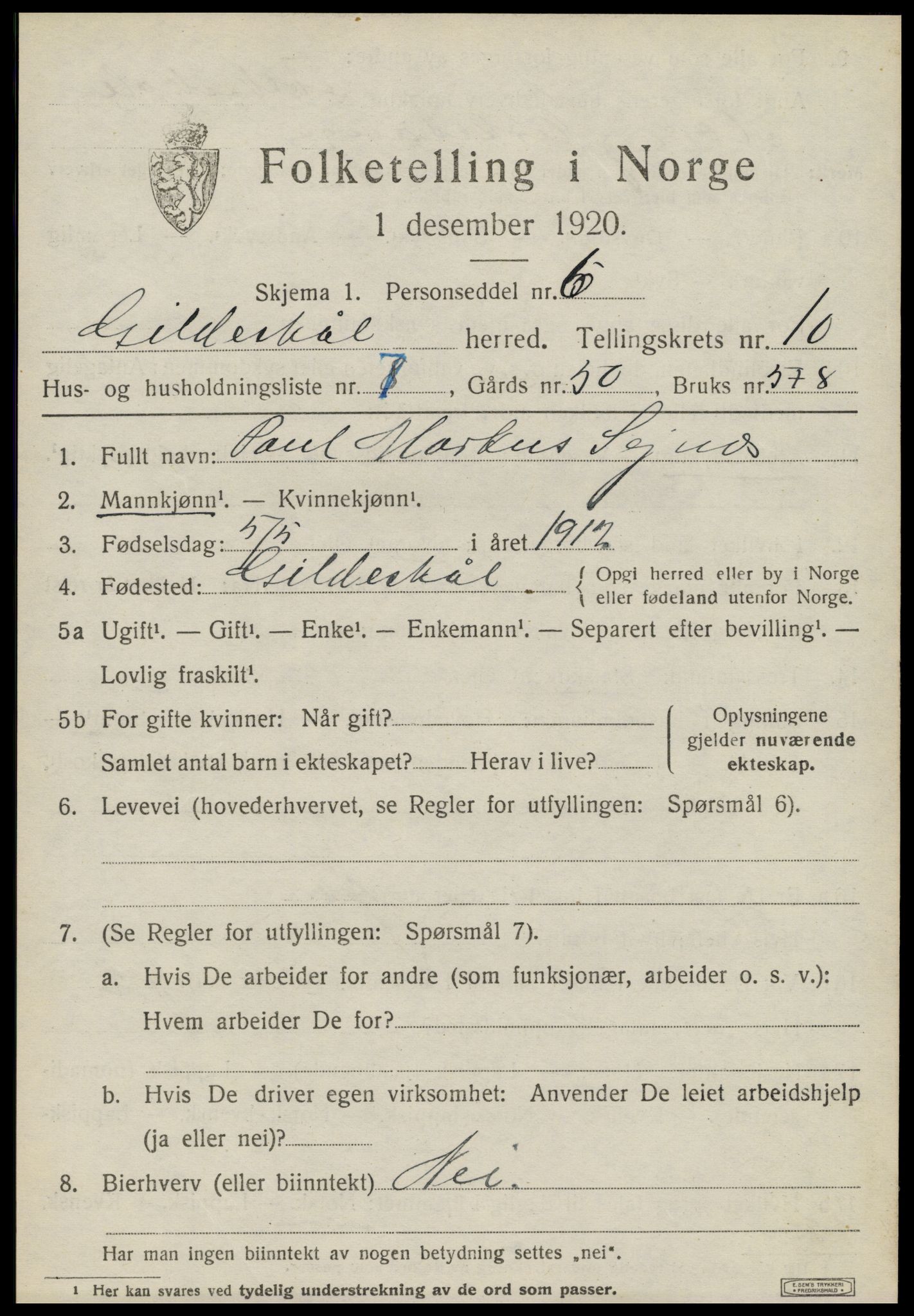 SAT, 1920 census for Gildeskål, 1920, p. 6138