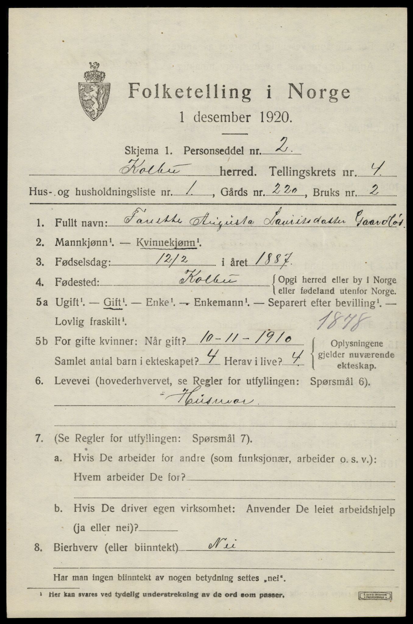 SAH, 1920 census for Kolbu, 1920, p. 3124