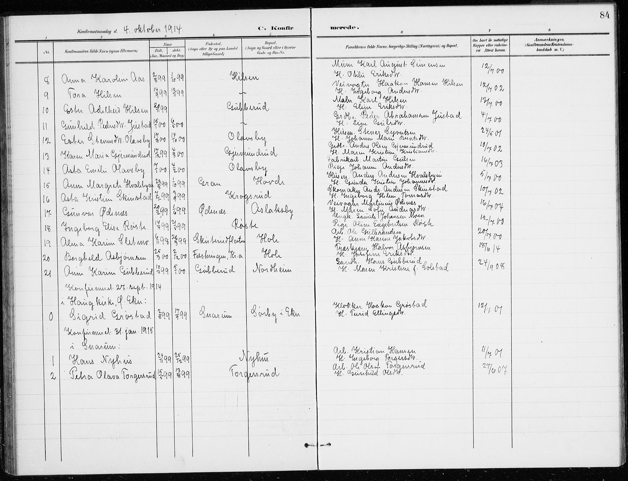 Modum kirkebøker, AV/SAKO-A-234/G/Gd/L0001: Parish register (copy) no. IV 1, 1901-1921, p. 84