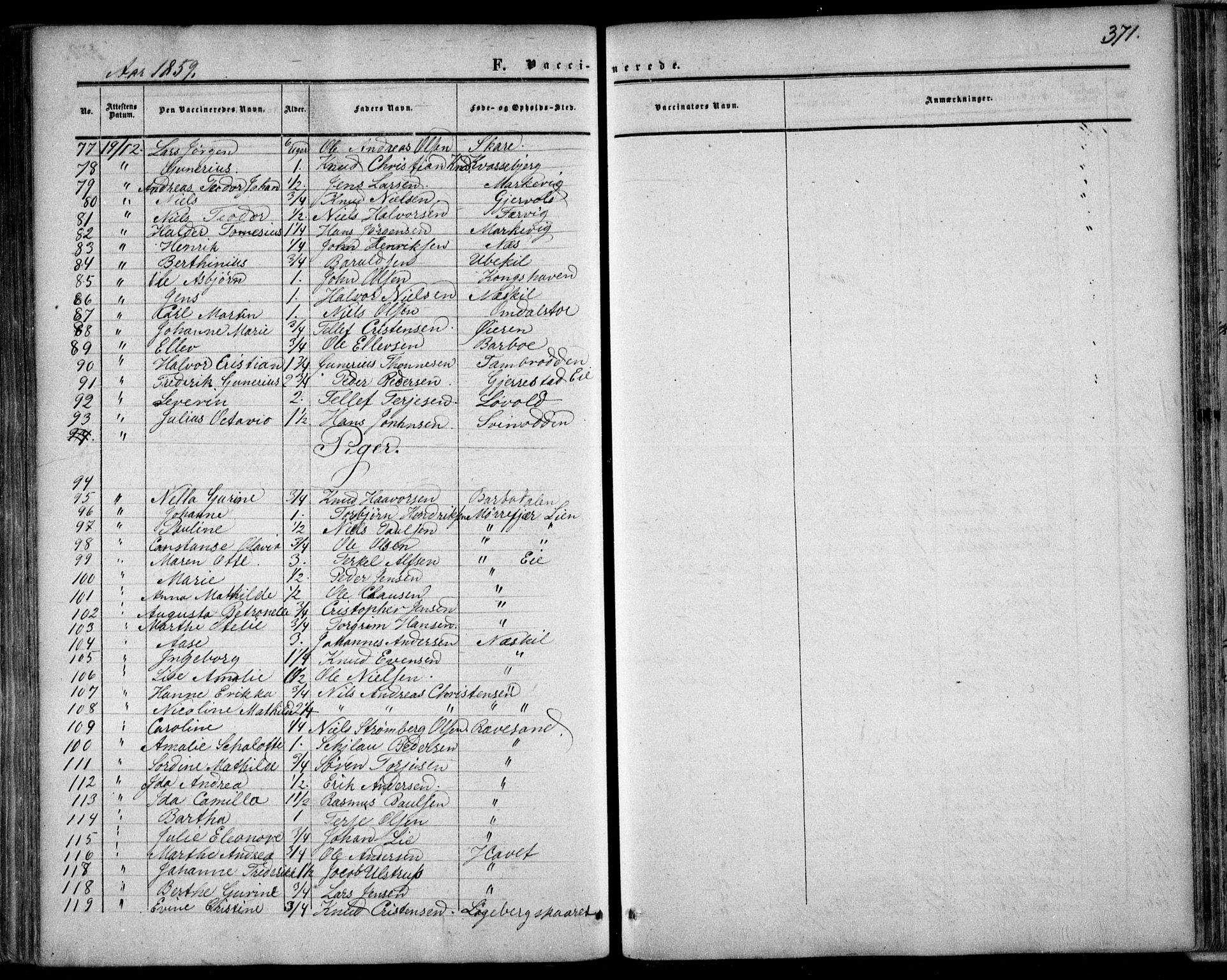 Tromøy sokneprestkontor, SAK/1111-0041/F/Fa/L0006: Parish register (official) no. A 6, 1855-1863, p. 371