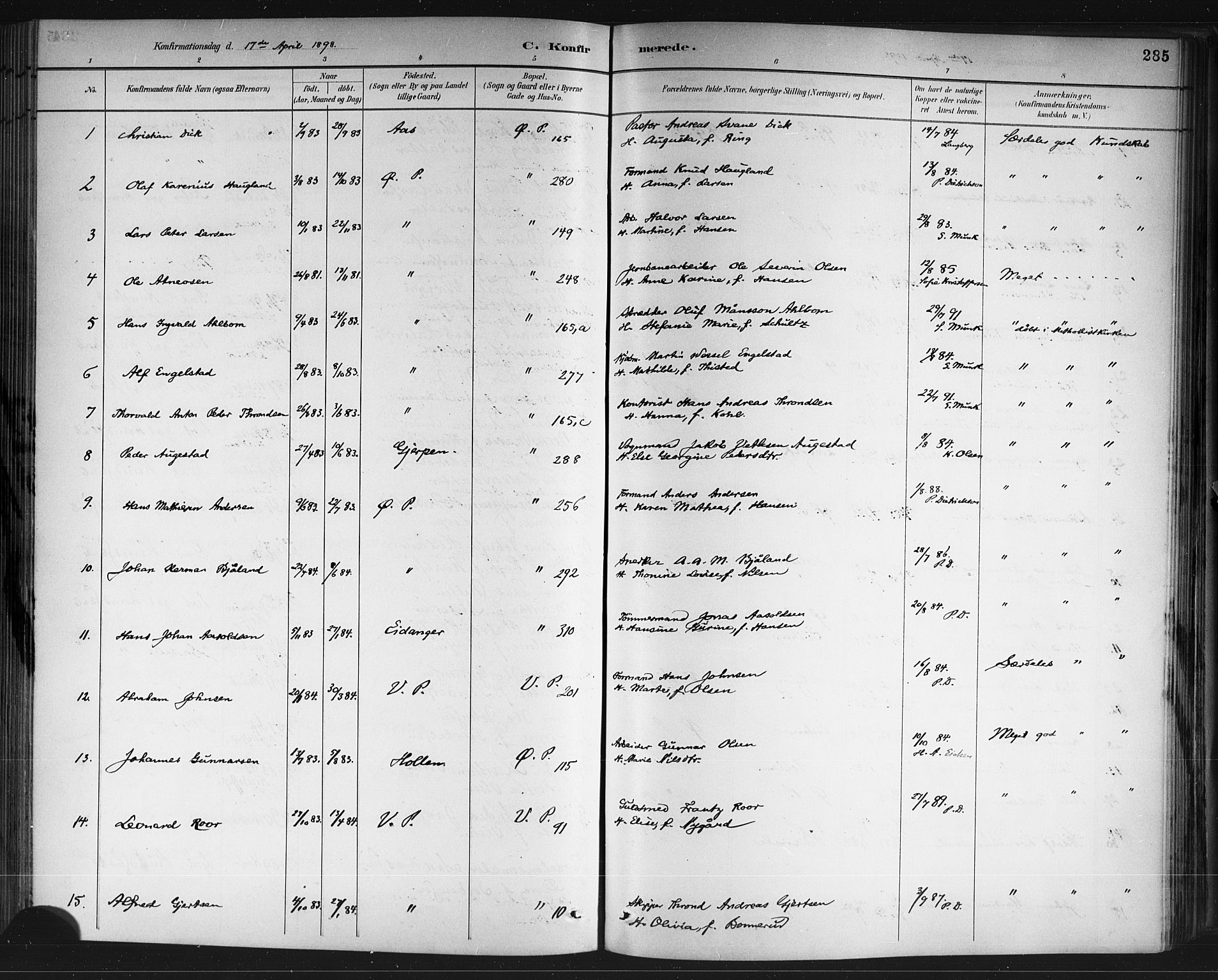 Porsgrunn kirkebøker , SAKO/A-104/G/Gb/L0005: Parish register (copy) no. II 5, 1883-1915, p. 285