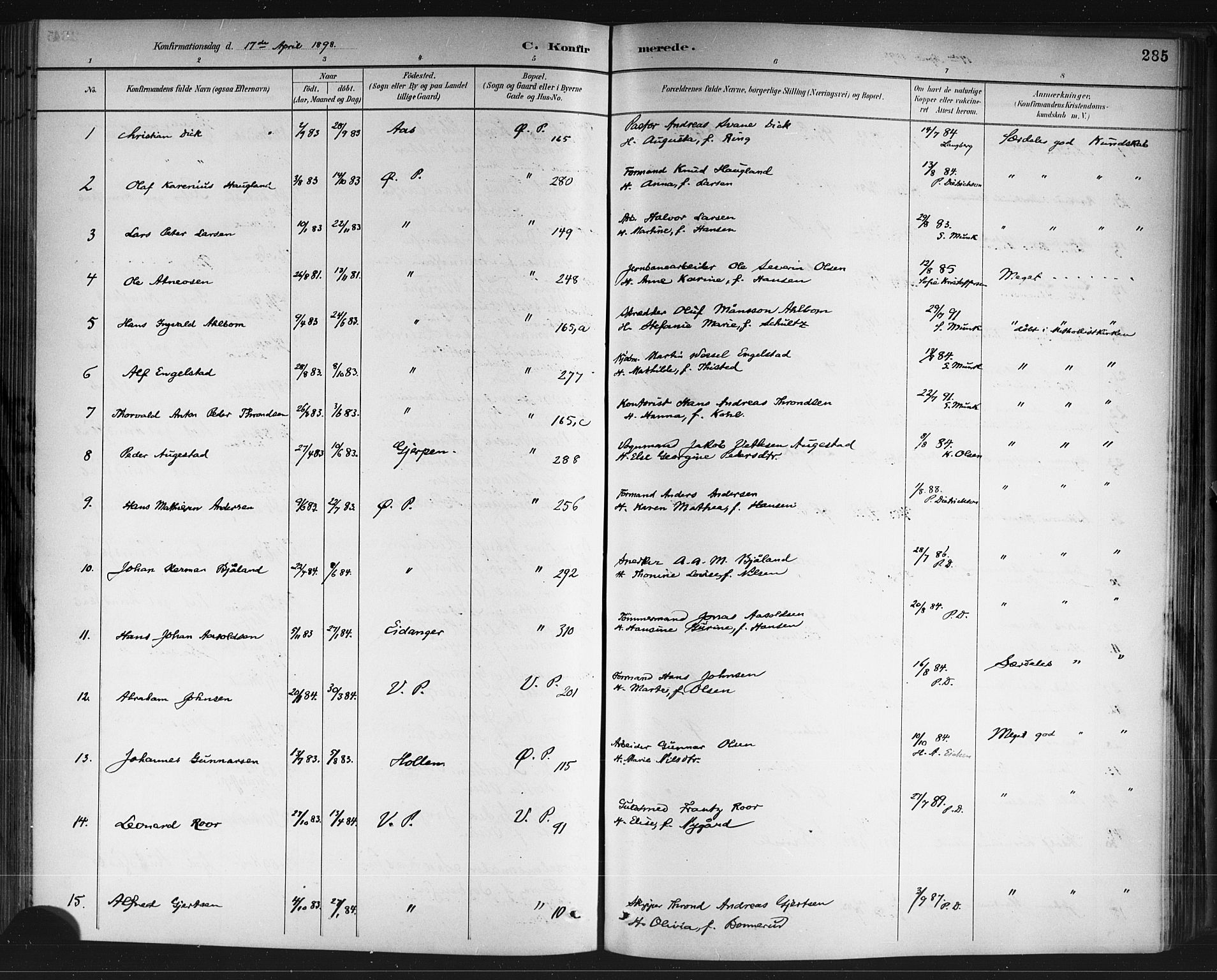 Porsgrunn kirkebøker , AV/SAKO-A-104/G/Gb/L0005: Parish register (copy) no. II 5, 1883-1915, p. 285