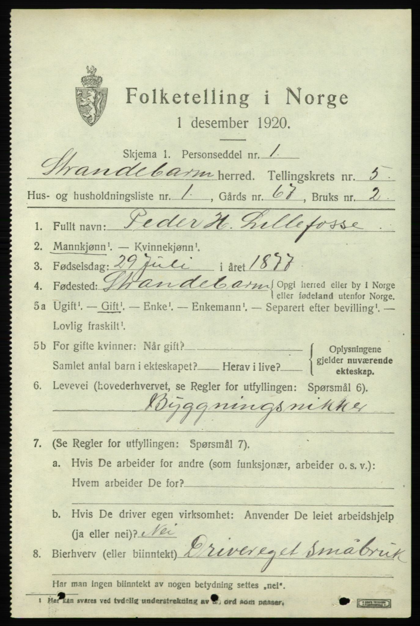 SAB, 1920 census for Strandebarm, 1920, p. 3768