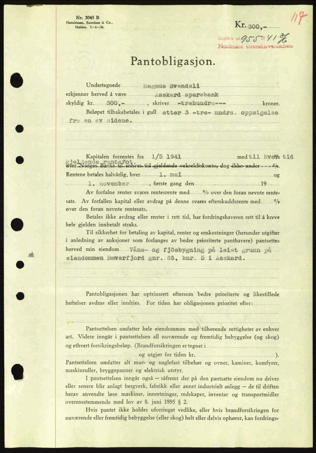 Nordmøre sorenskriveri, AV/SAT-A-4132/1/2/2Ca: Mortgage book no. B88, 1941-1942, Diary no: : 955/1941