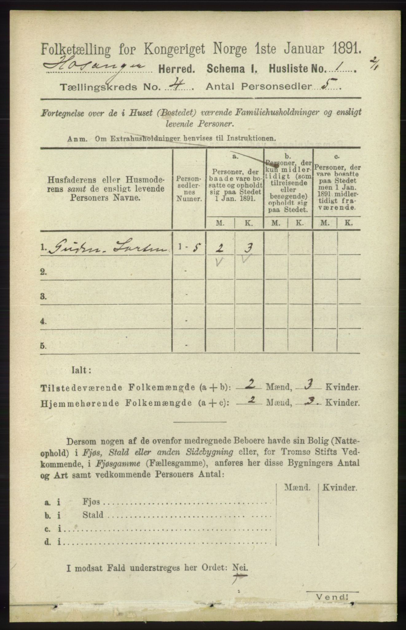 RA, 1891 census for 1253 Hosanger, 1891, p. 1389