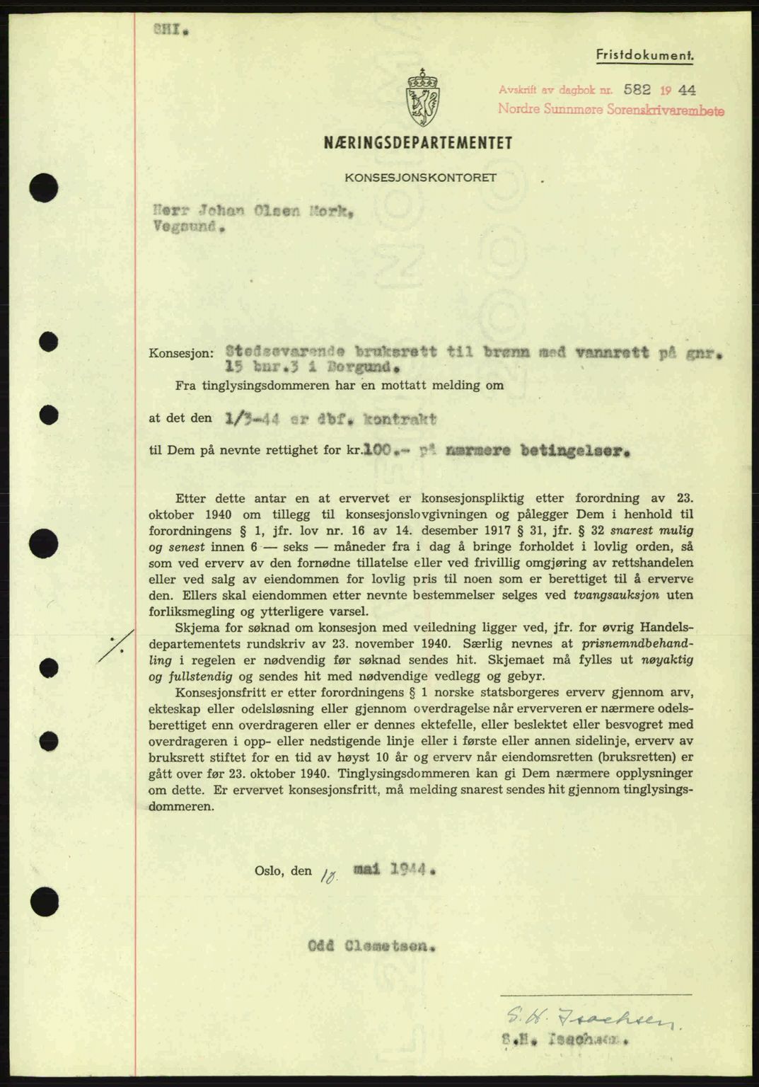 Nordre Sunnmøre sorenskriveri, SAT/A-0006/1/2/2C/2Ca: Mortgage book no. B6-14 a, 1942-1945, Diary no: : 582/1944