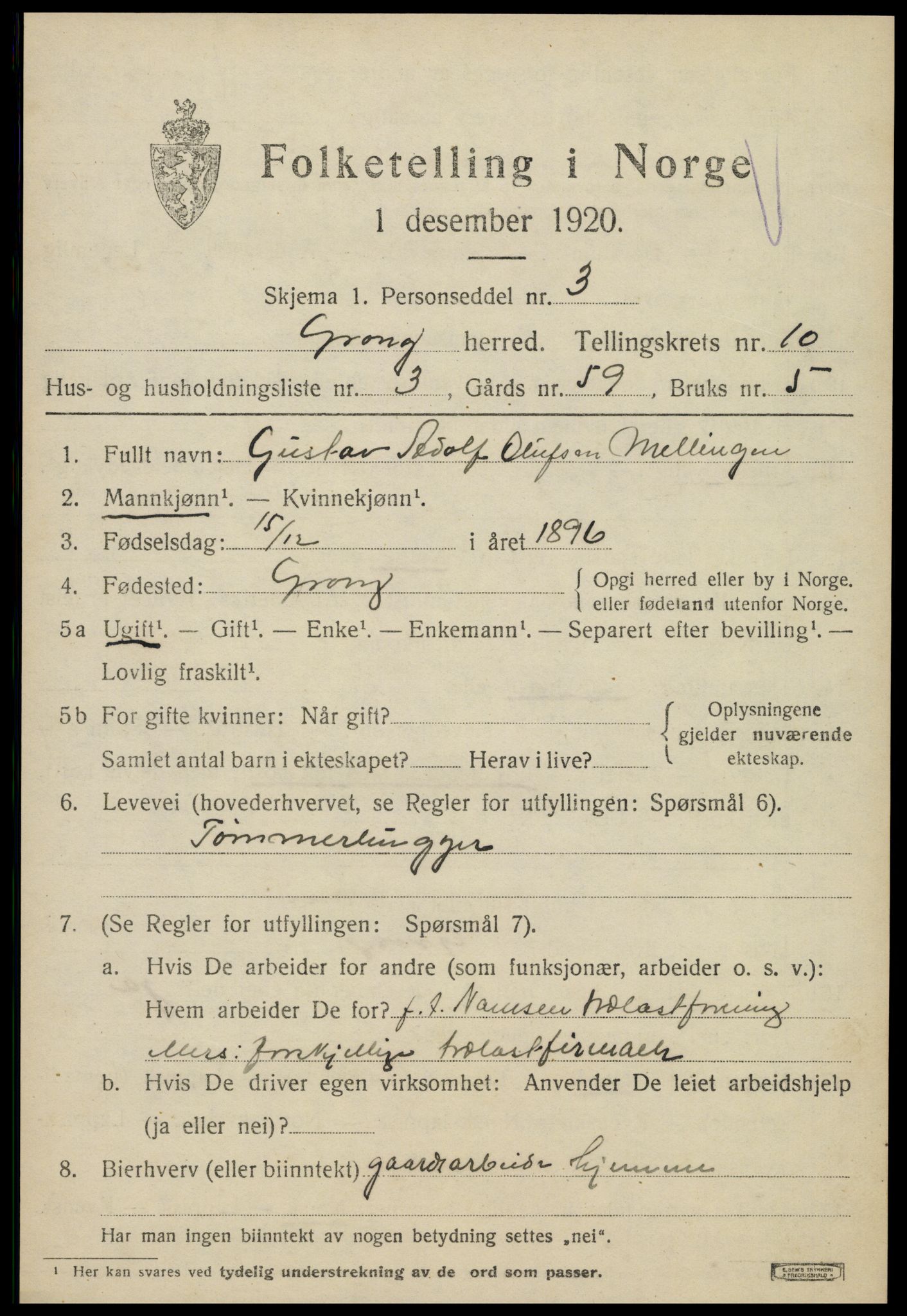 SAT, 1920 census for Grong, 1920, p. 5621