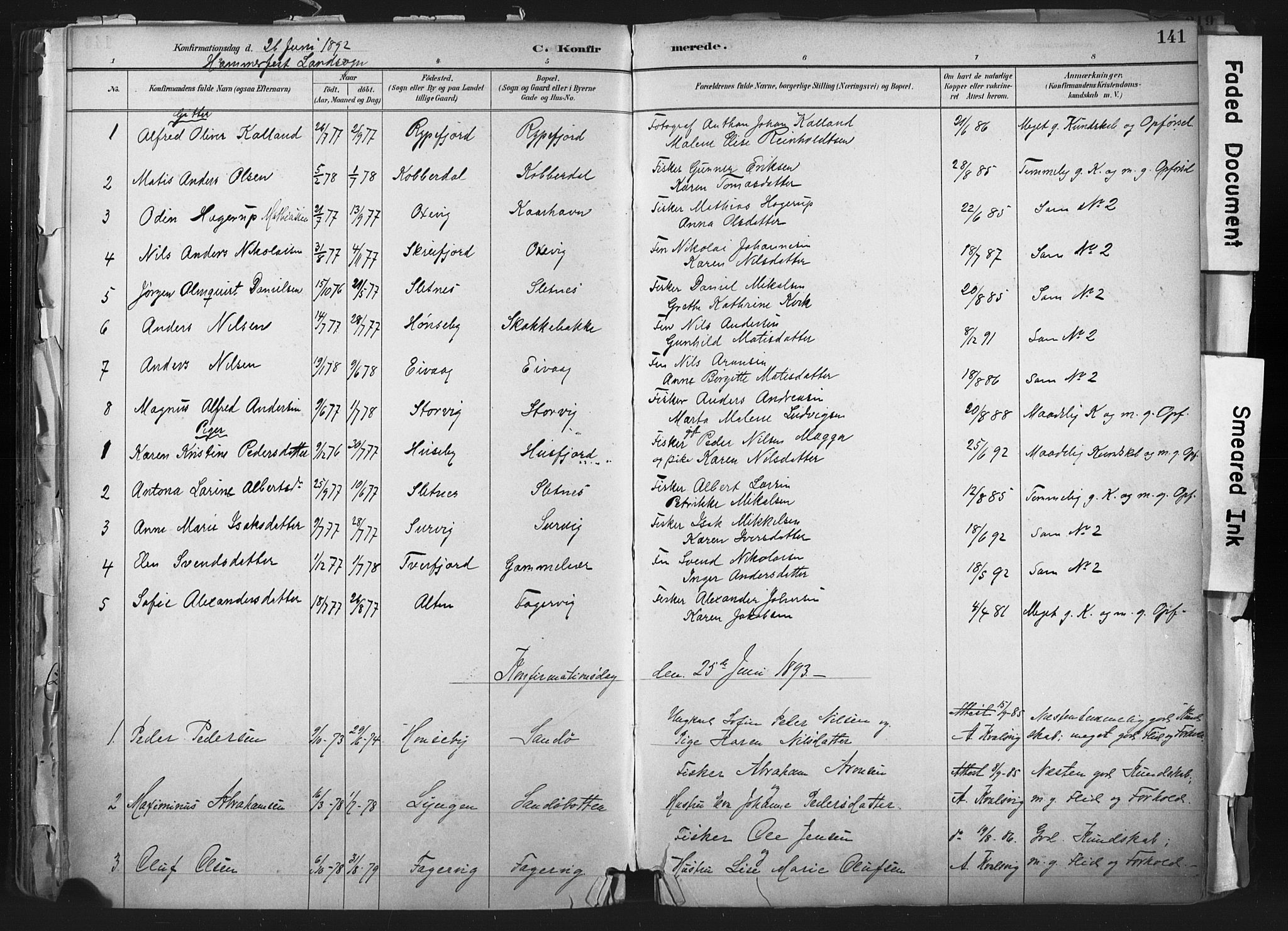 Hammerfest sokneprestkontor, SATØ/S-1347: Parish register (official) no. 11 /1, 1885-1897, p. 141