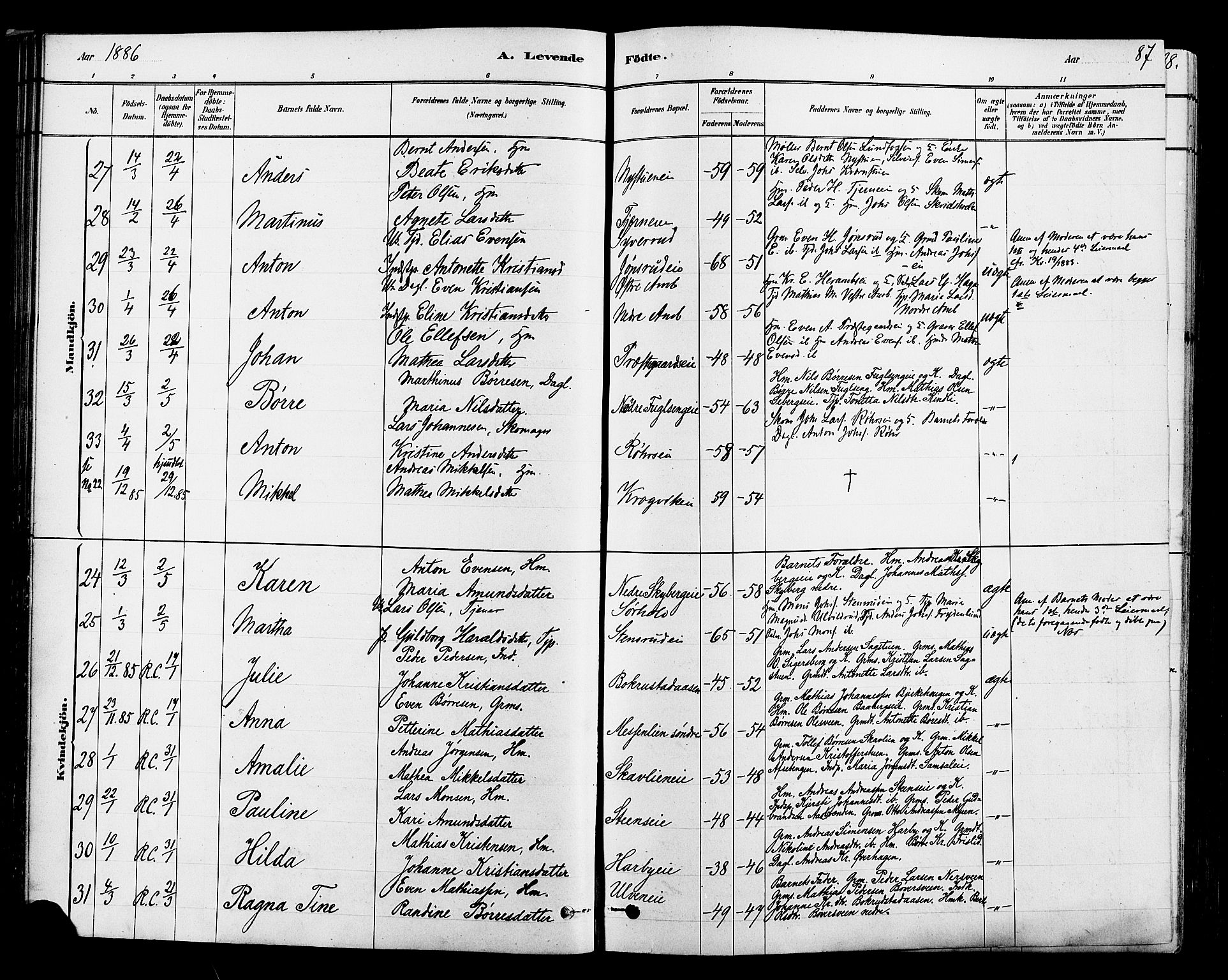 Ringsaker prestekontor, AV/SAH-PREST-014/L/La/L0009: Parish register (copy) no. 9, 1879-1890, p. 87