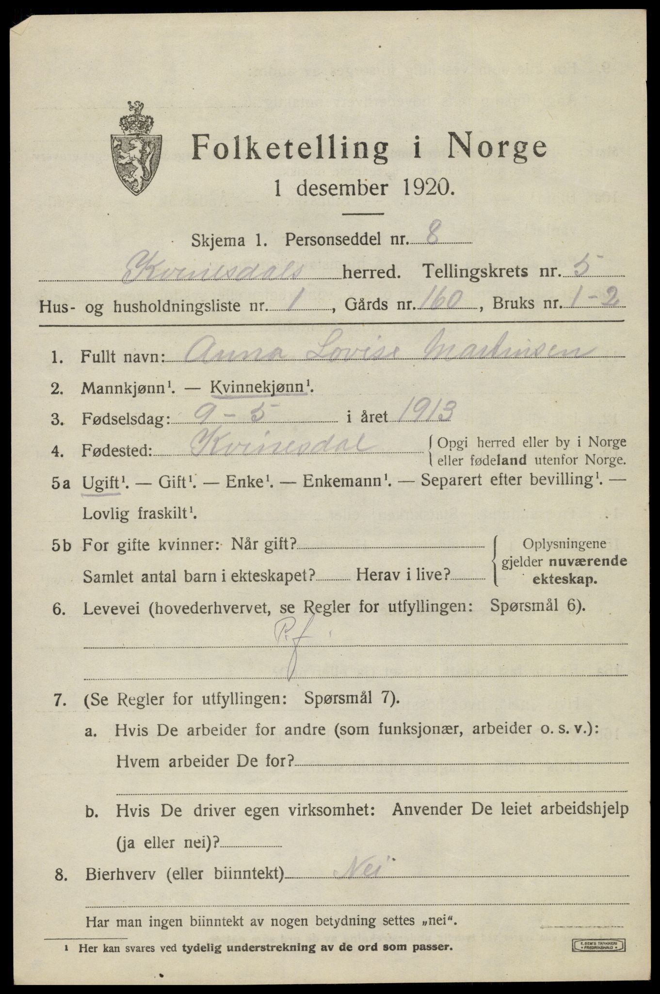 SAK, 1920 census for Kvinesdal, 1920, p. 5717