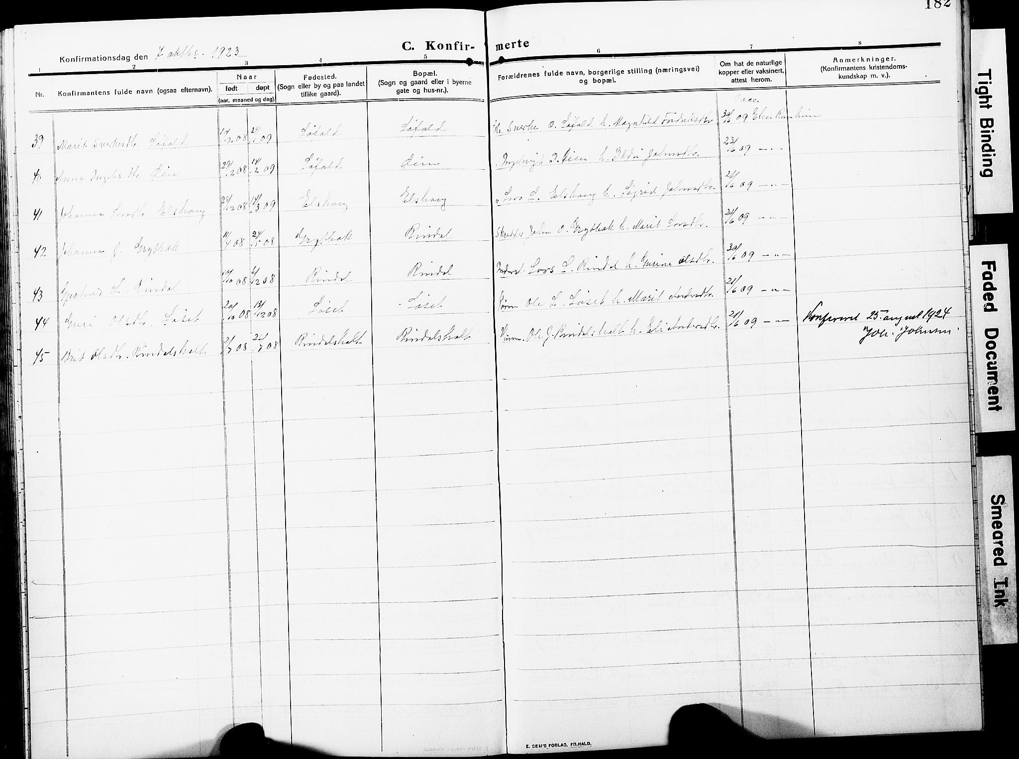 Ministerialprotokoller, klokkerbøker og fødselsregistre - Møre og Romsdal, AV/SAT-A-1454/598/L1079: Parish register (copy) no. 598C04, 1909-1927, p. 182