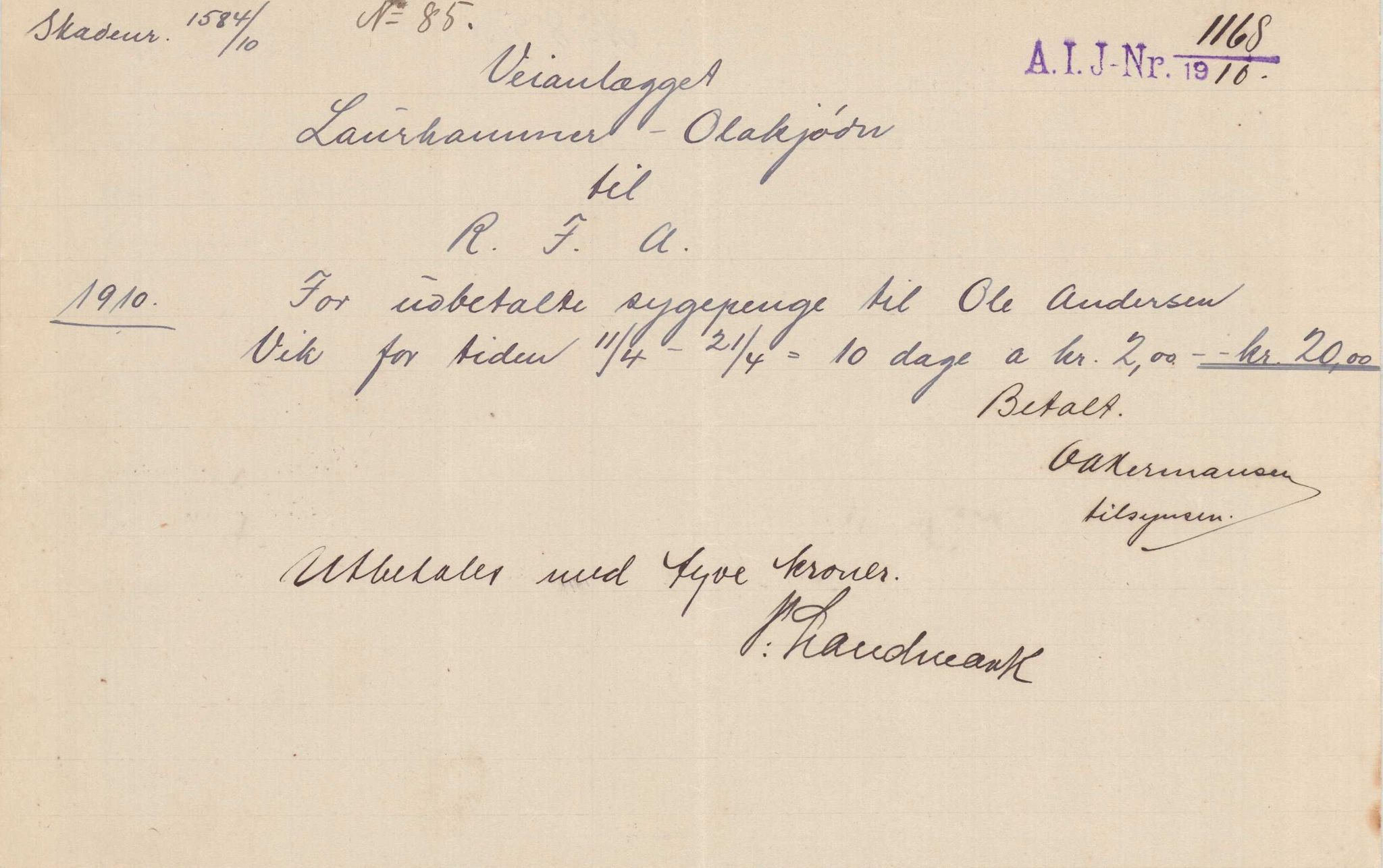 Finnaas kommune. Formannskapet, IKAH/1218a-021/E/Ea/L0001/0003: Rekneskap for veganlegg / Rekneskap for veganlegget Laurhammer - Olakjødn, 1909-1911, p. 46