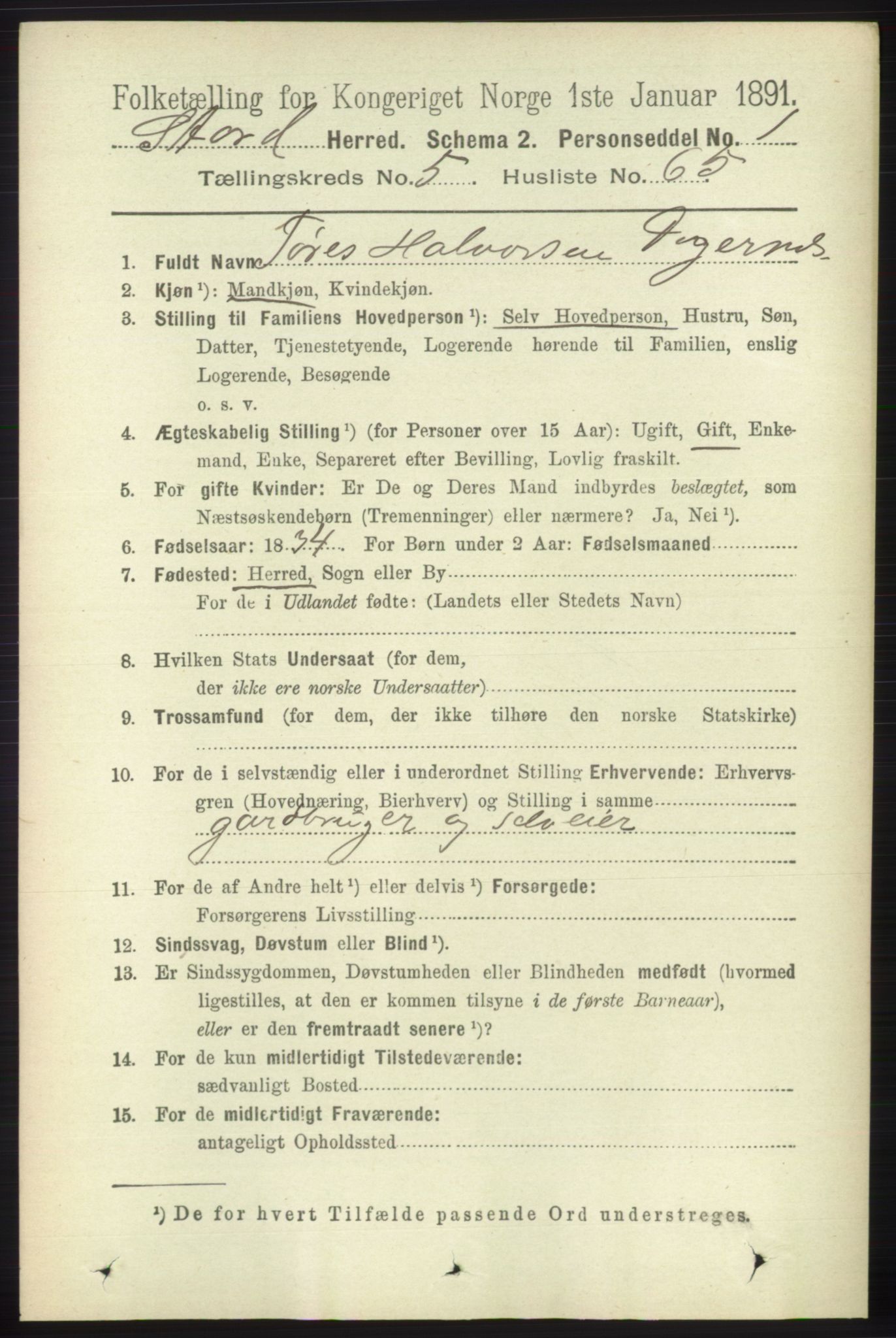 RA, 1891 census for 1221 Stord, 1891, p. 2022