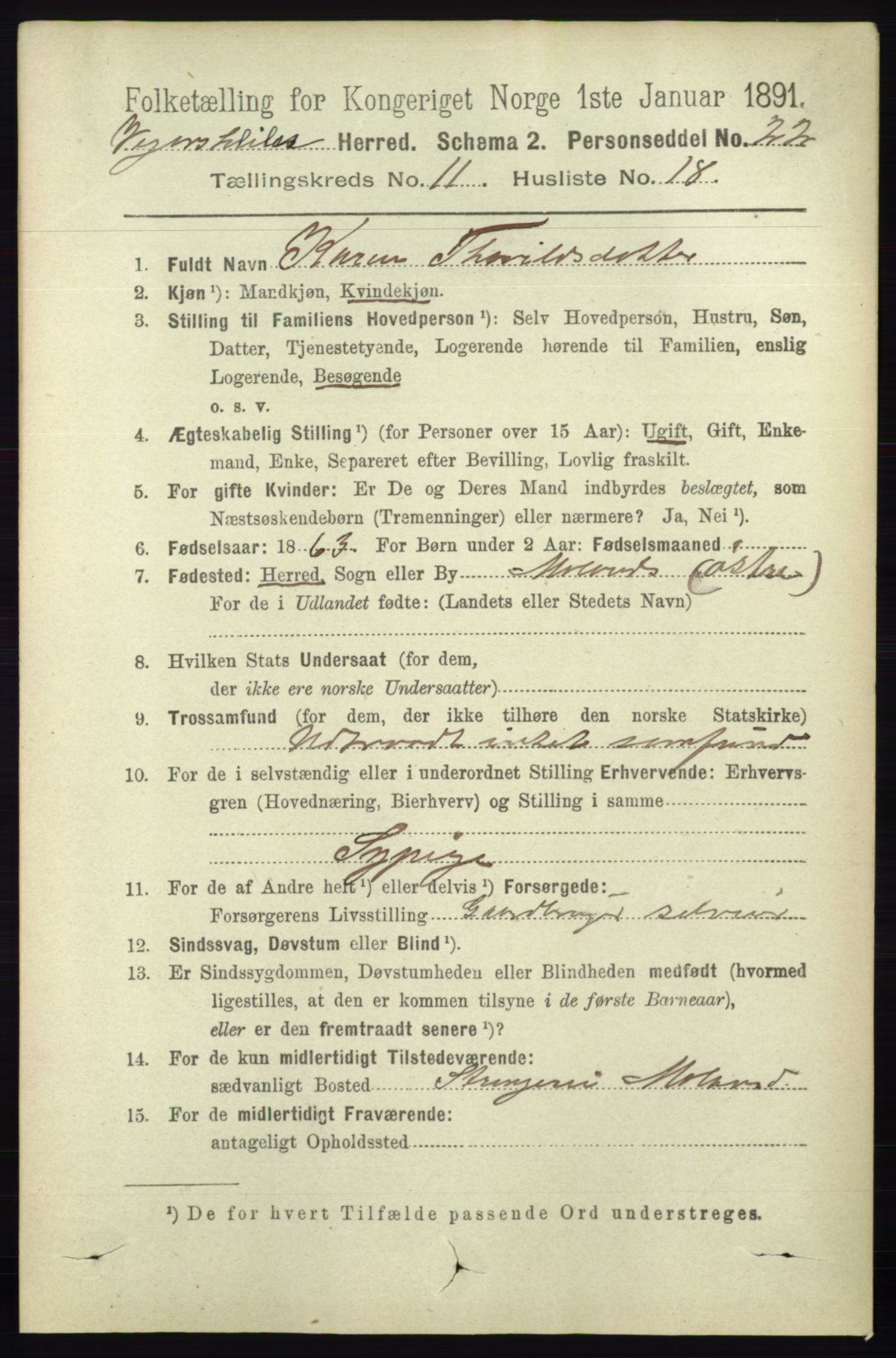 RA, 1891 census for 0912 Vegårshei, 1891, p. 2336