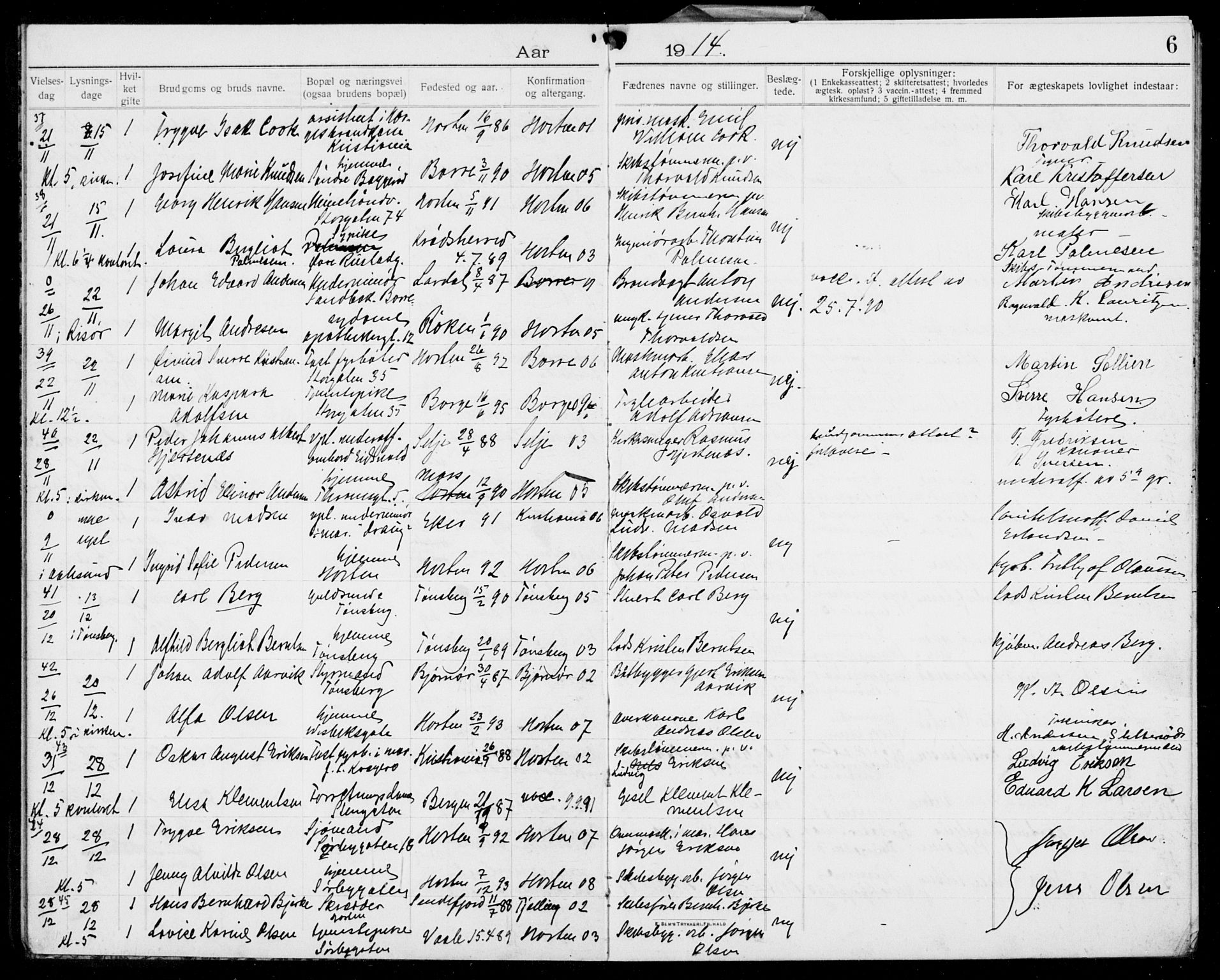 Horten kirkebøker, AV/SAKO-A-348/H/Ha/L0005: Banns register no. 5, 1914-1923, p. 6