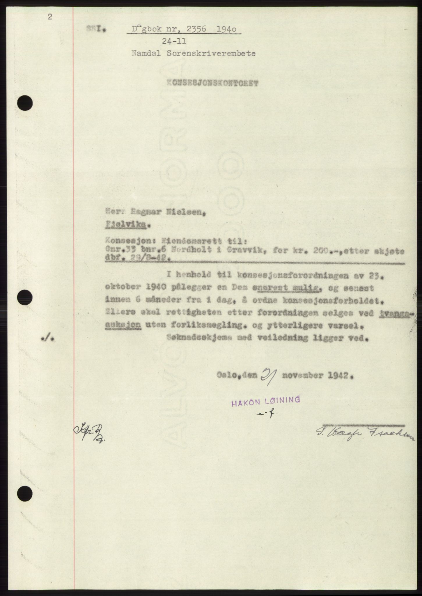 Namdal sorenskriveri, SAT/A-4133/1/2/2C: Mortgage book no. -, 1942-1943, Diary no: : 2356/1942