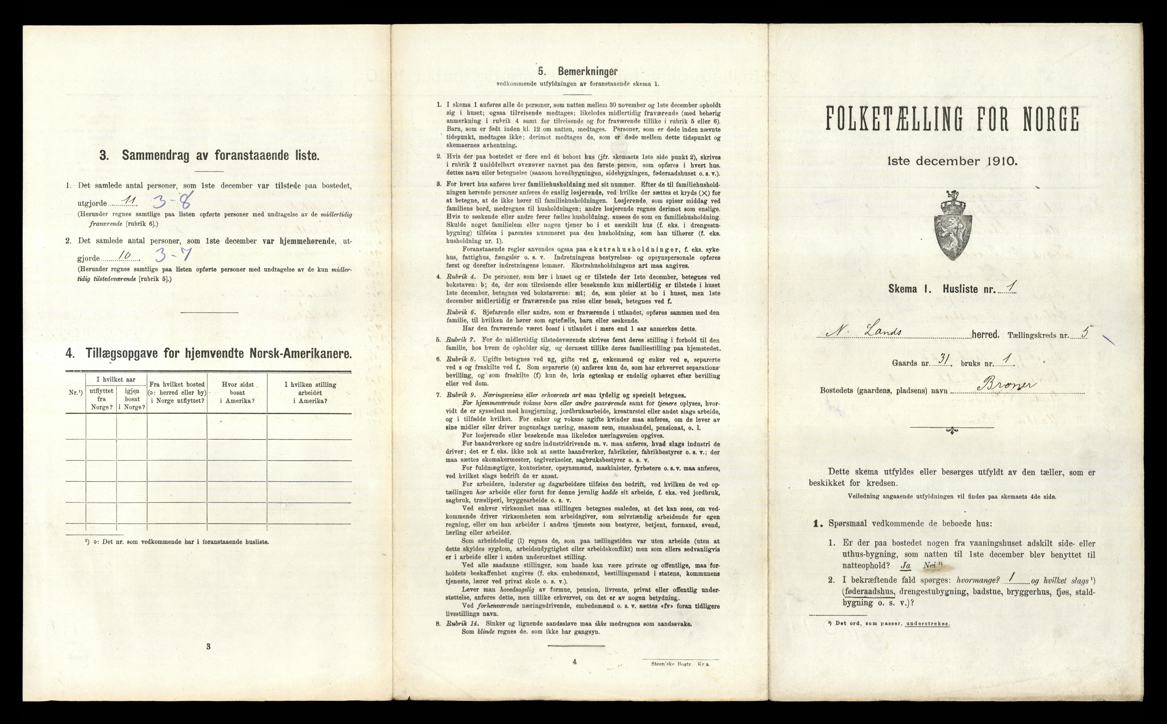 RA, 1910 census for Nordre Land, 1910, p. 461