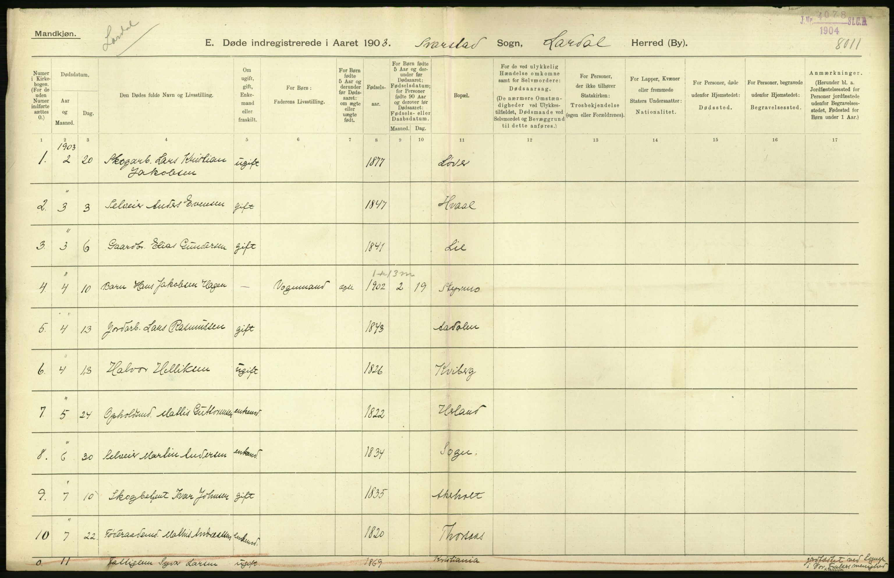 Statistisk sentralbyrå, Sosiodemografiske emner, Befolkning, AV/RA-S-2228/D/Df/Dfa/Dfaa/L0011: Lister og Mandal amt: Fødte, gifte, døde, 1903, p. 510