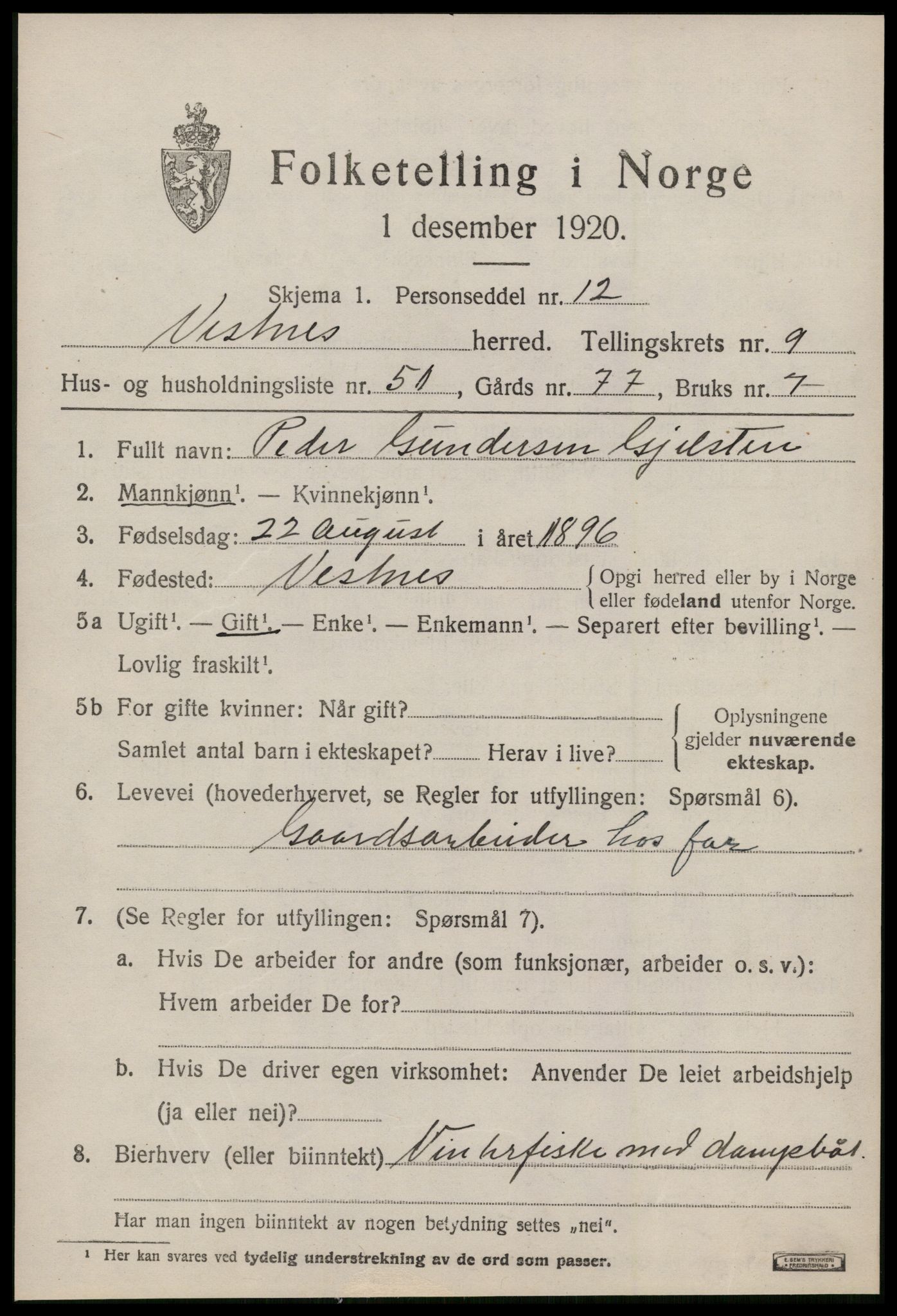 SAT, 1920 census for Vestnes, 1920, p. 6479