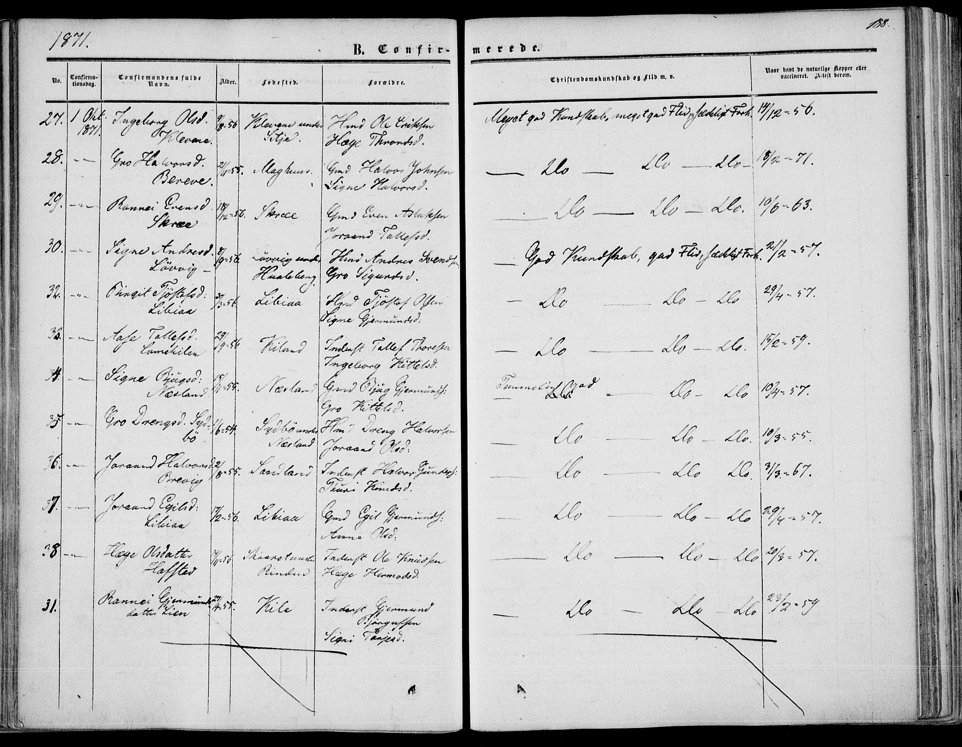 Fyresdal kirkebøker, SAKO/A-263/F/Fa/L0005: Parish register (official) no. I 5, 1855-1871, p. 188