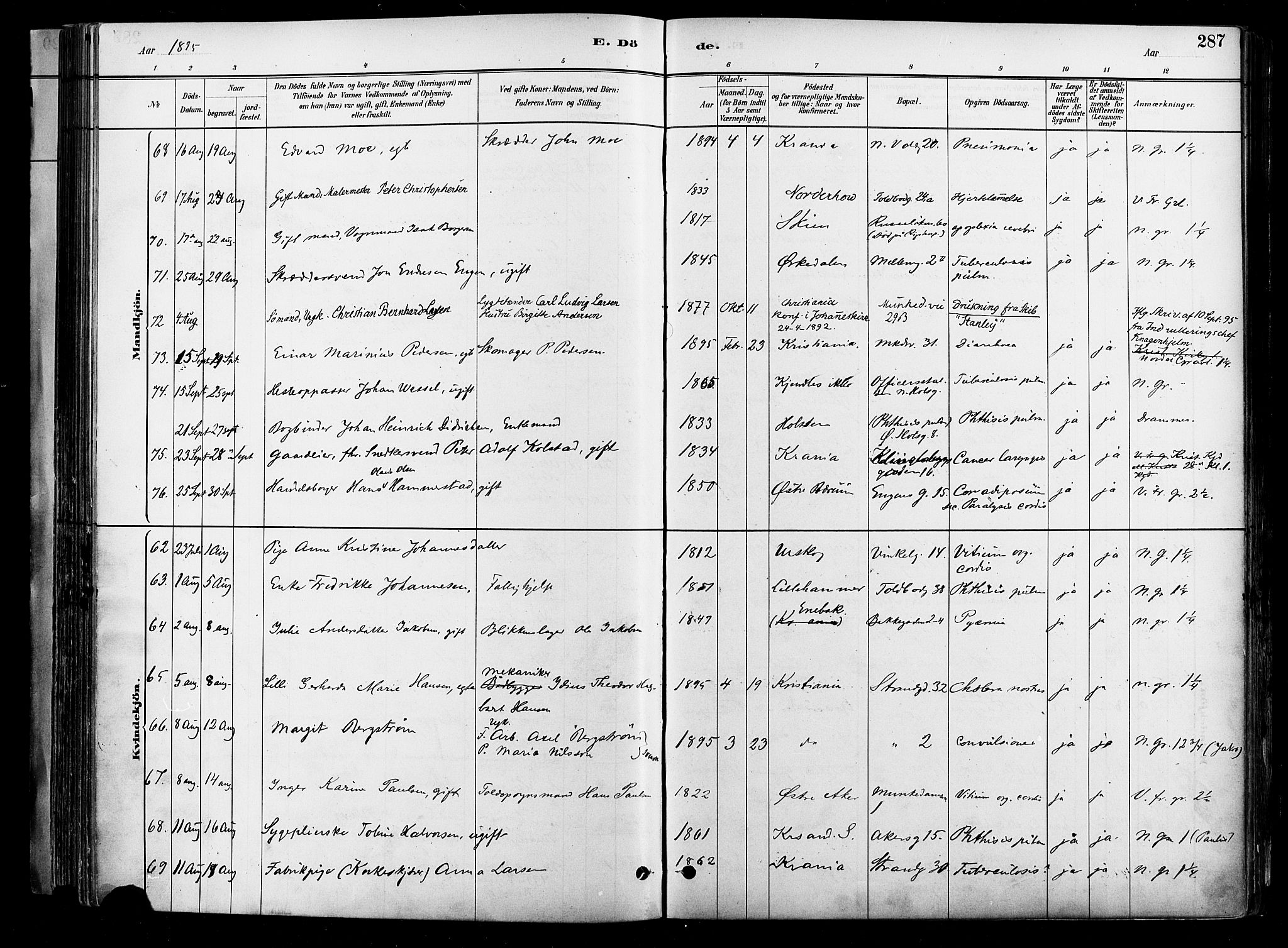 Johannes prestekontor Kirkebøker, AV/SAO-A-10852/F/Fa/L0004: Parish register (official) no. 4, 1883-1907, p. 287