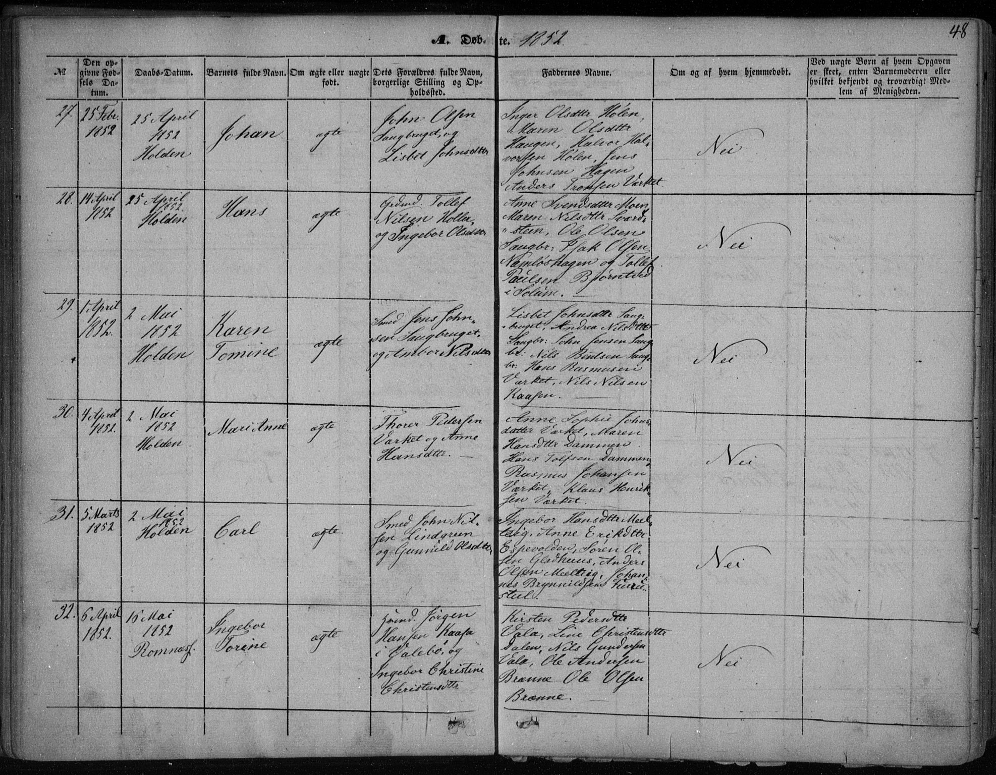 Holla kirkebøker, AV/SAKO-A-272/F/Fa/L0005: Parish register (official) no. 5, 1849-1860, p. 48