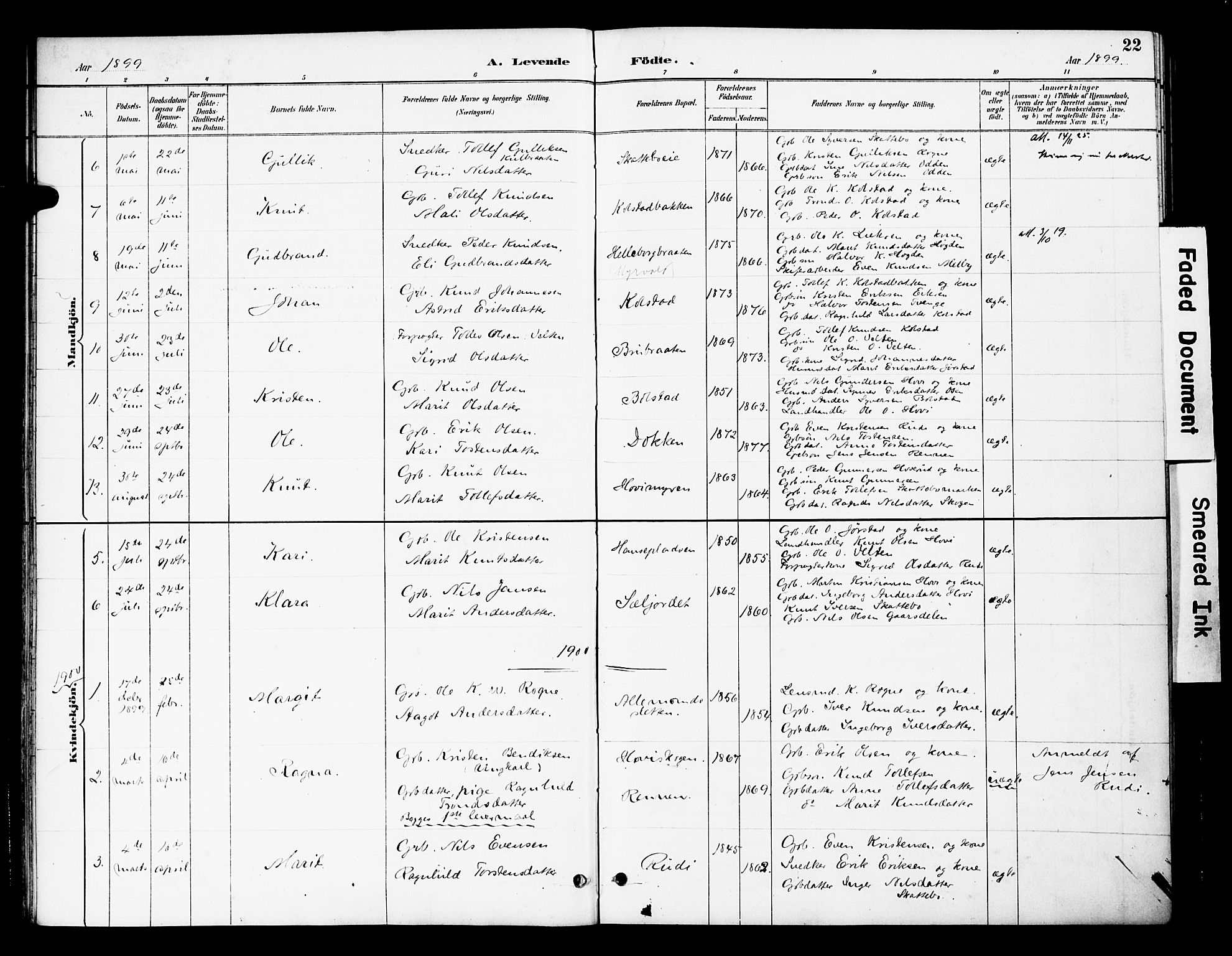 Øystre Slidre prestekontor, AV/SAH-PREST-138/H/Ha/Haa/L0003: Parish register (official) no. 3, 1887-1910, p. 22