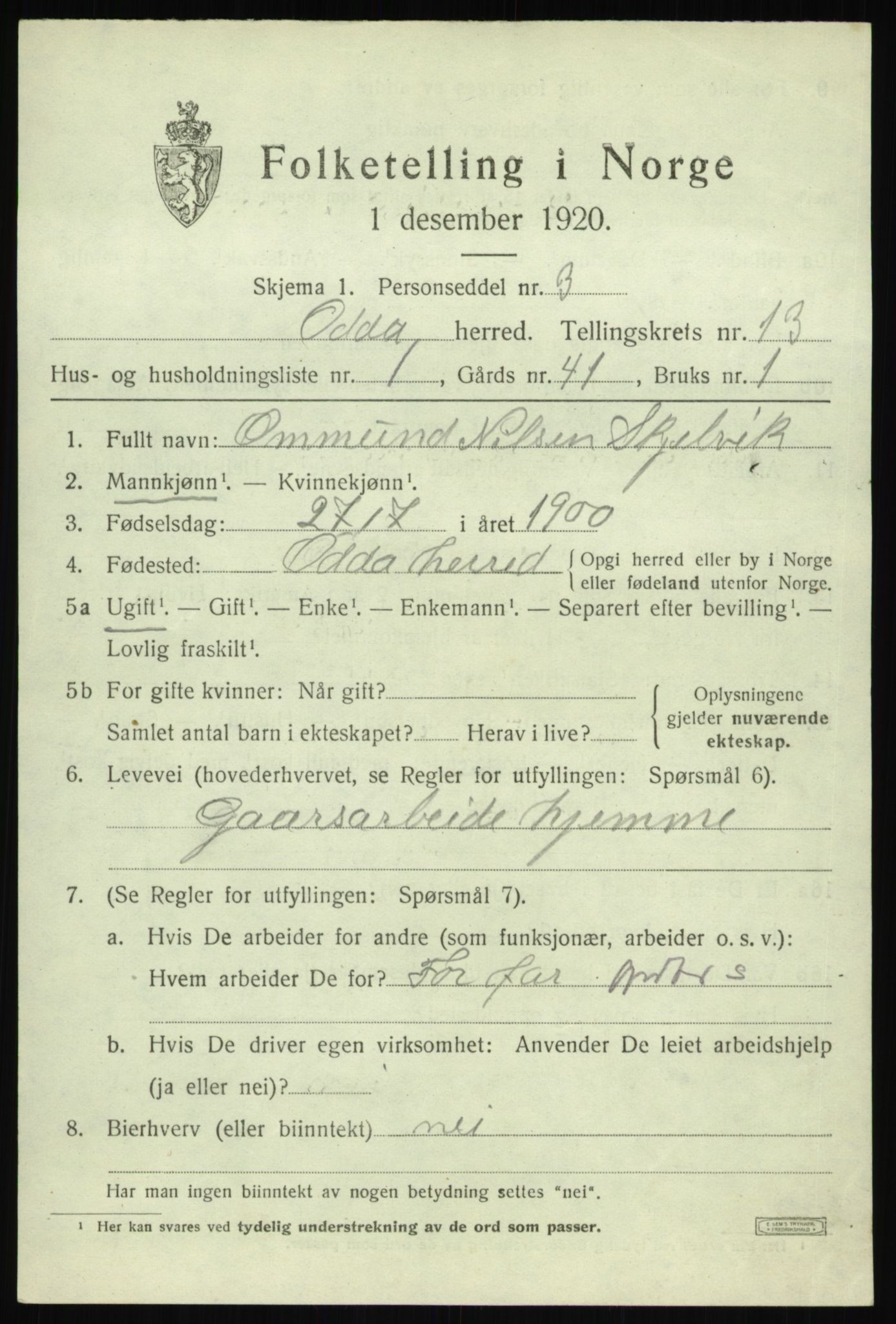 SAB, 1920 census for Odda, 1920, p. 11851