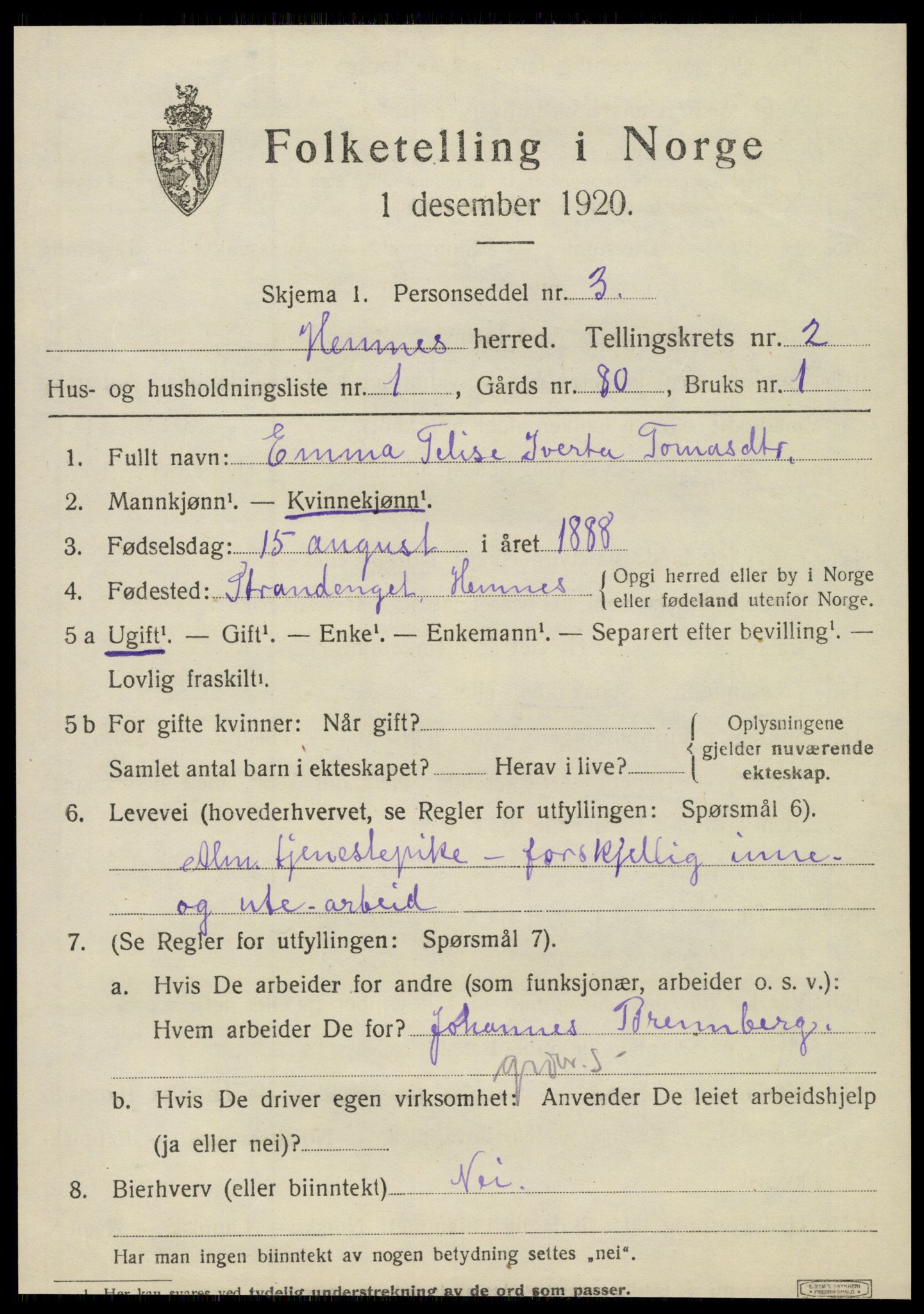 SAT, 1920 census for Hemnes, 1920, p. 3736