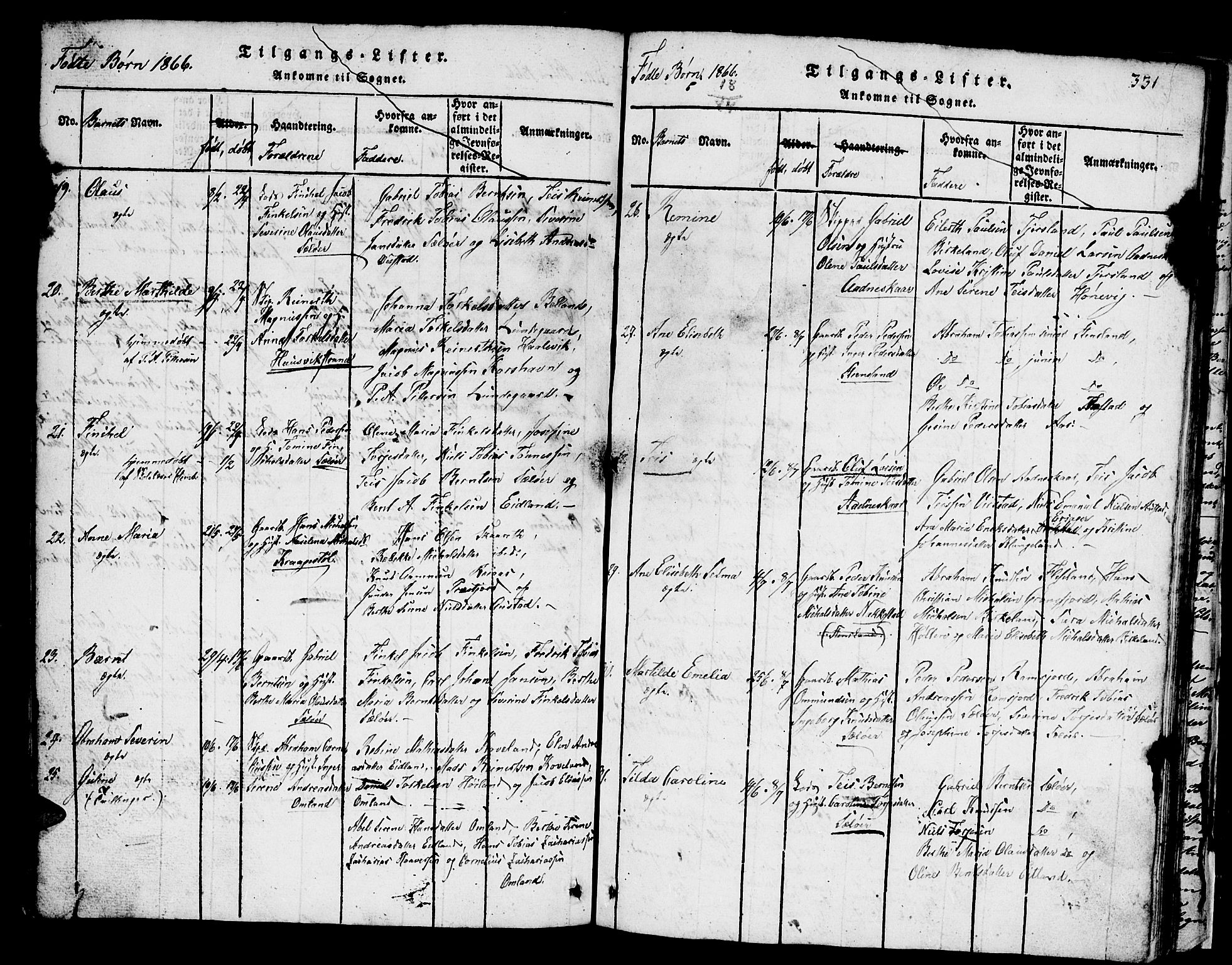 Lyngdal sokneprestkontor, AV/SAK-1111-0029/F/Fb/Fba/L0001: Parish register (copy) no. B 1, 1816-1876, p. 331