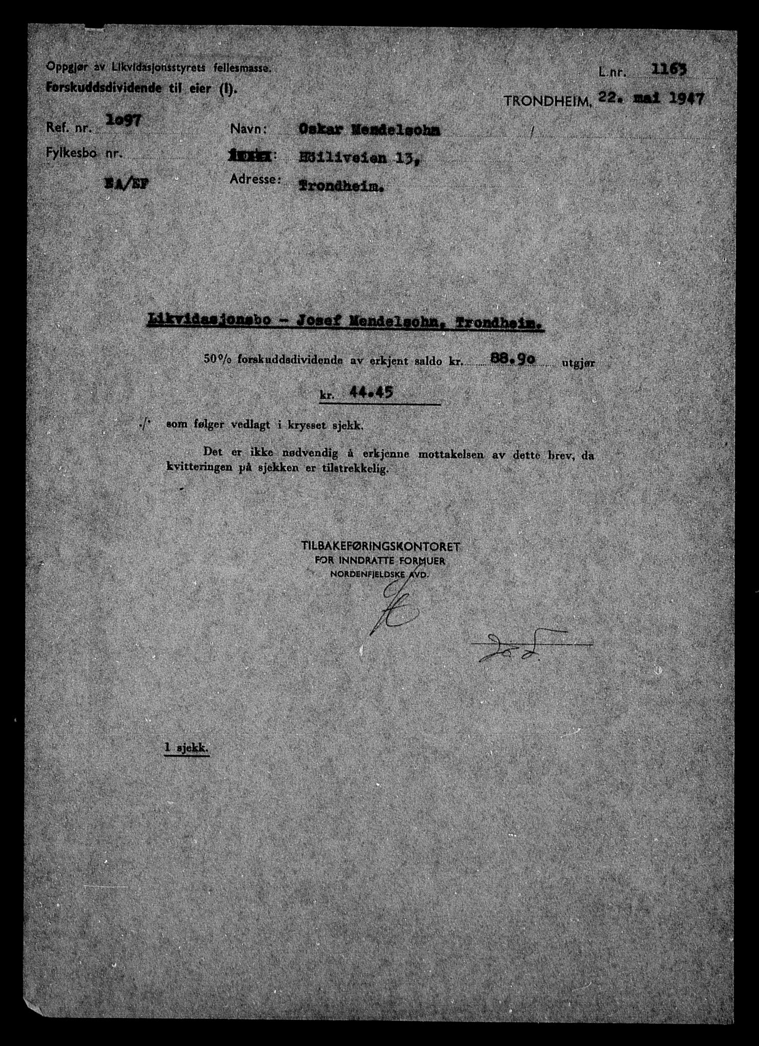Justisdepartementet, Tilbakeføringskontoret for inndratte formuer, RA/S-1564/H/Hc/Hca/L0905: --, 1945-1947, p. 445